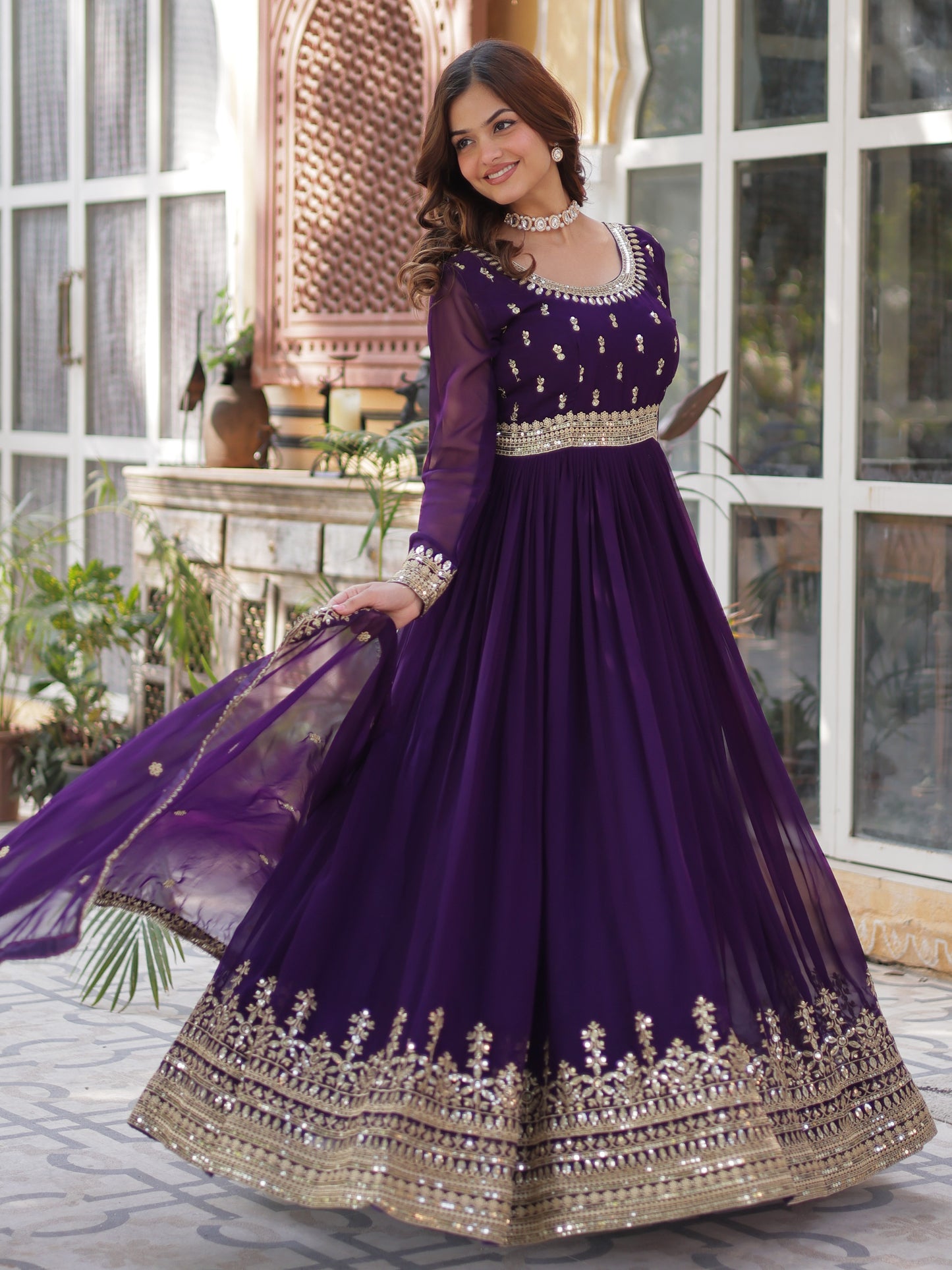 Artistic Purple Embroidered Georgette Wedding Gown