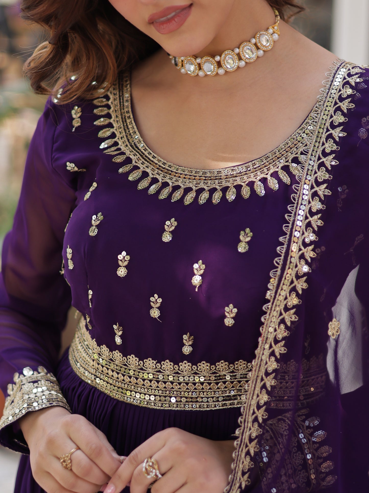 Artistic Purple Embroidered Georgette Wedding Gown