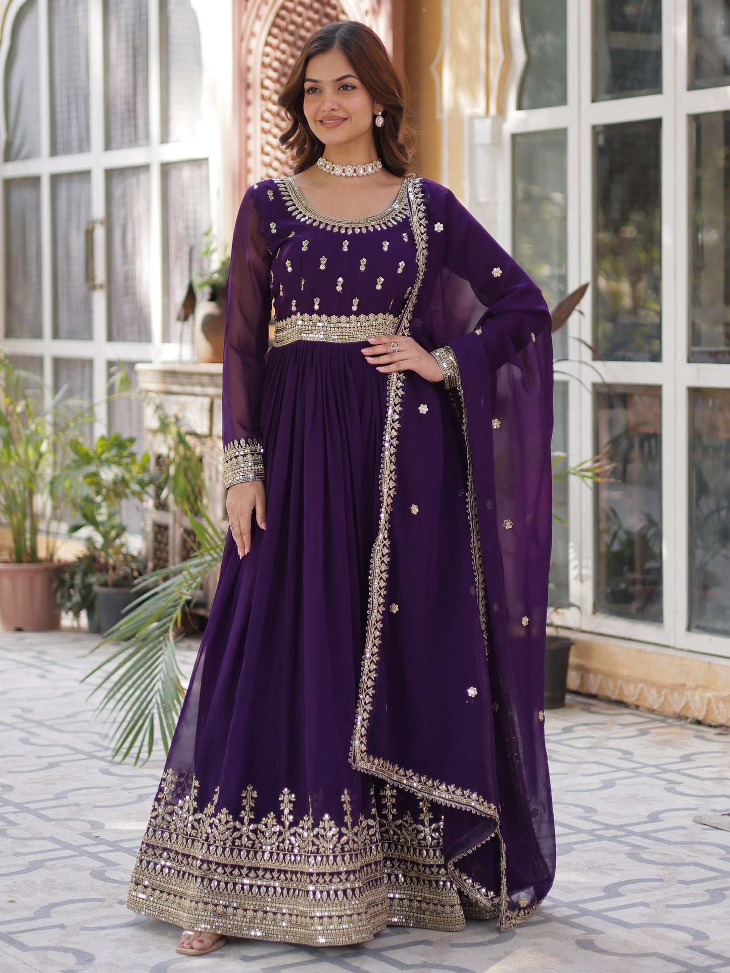 Artistic Purple Embroidered Georgette Wedding Gown