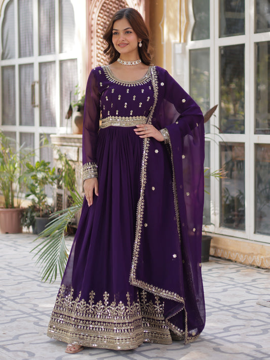 Artistic Purple Embroidered Georgette Wedding Gown
