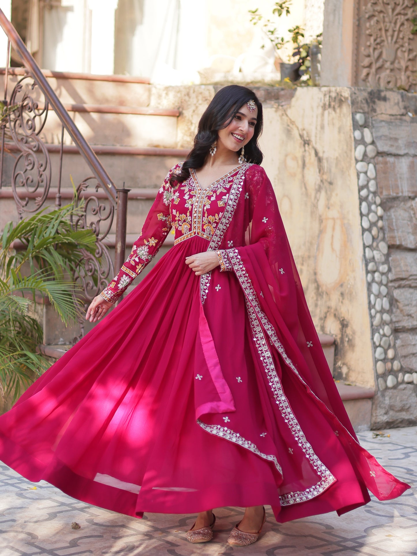 Marvelous Dark Pink Zari Work Georgette Reception Gown