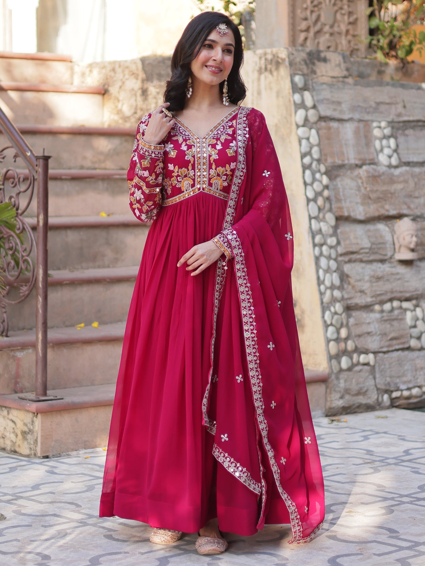Marvelous Dark Pink Zari Work Georgette Reception Gown