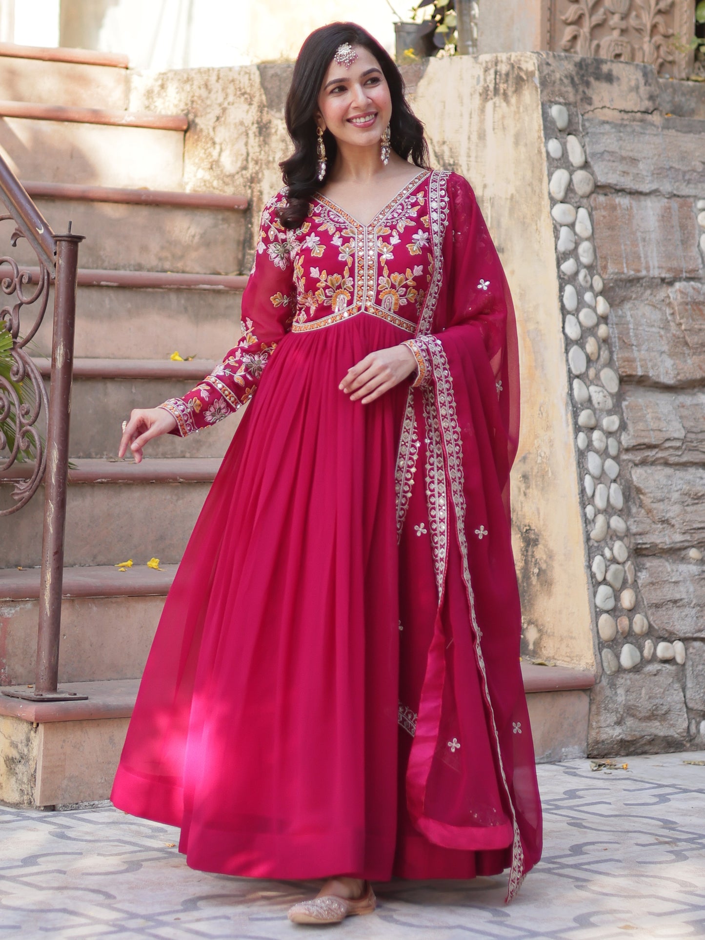 Marvelous Dark Pink Zari Work Georgette Reception Gown