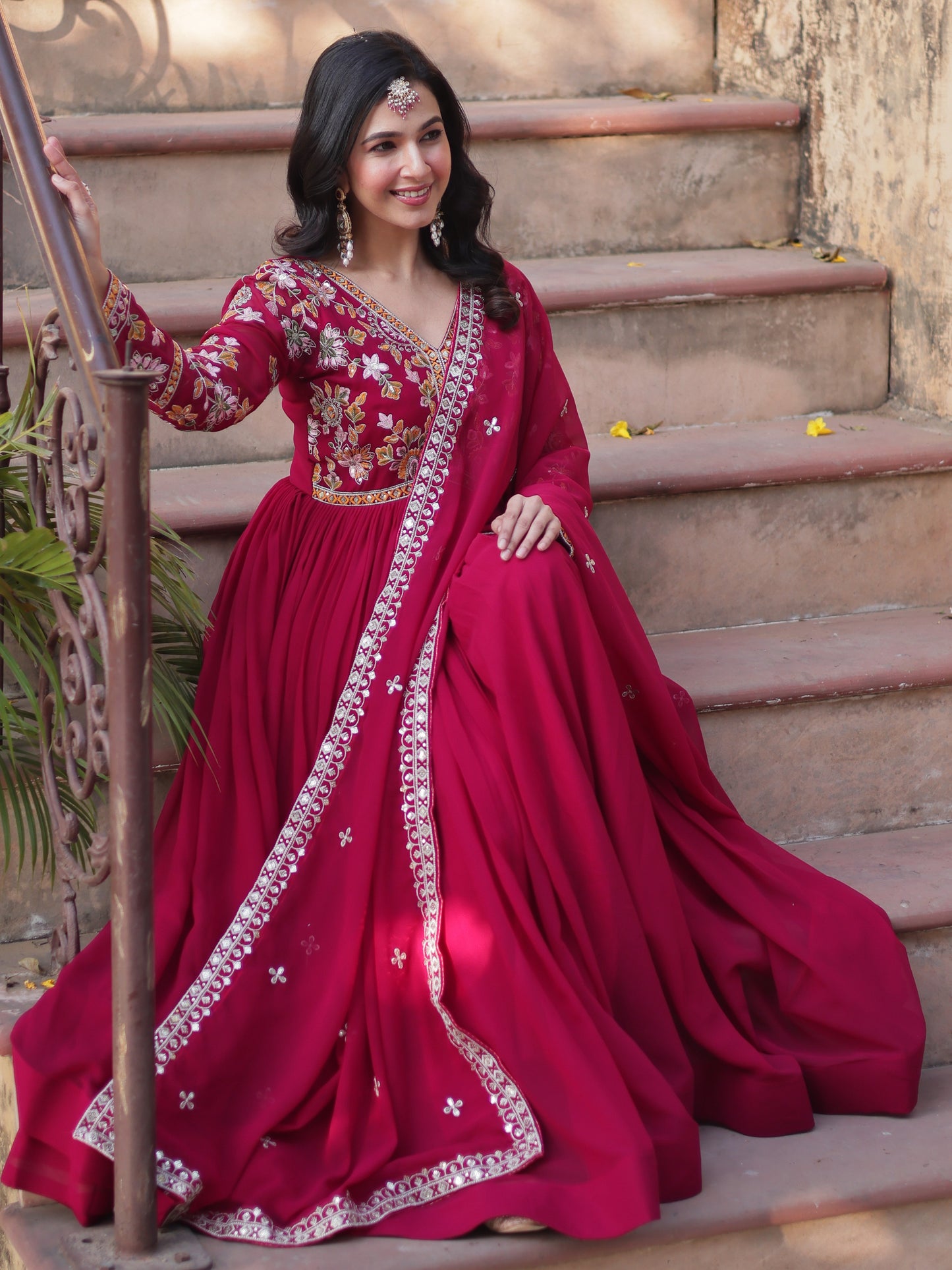 Marvelous Dark Pink Zari Work Georgette Reception Gown