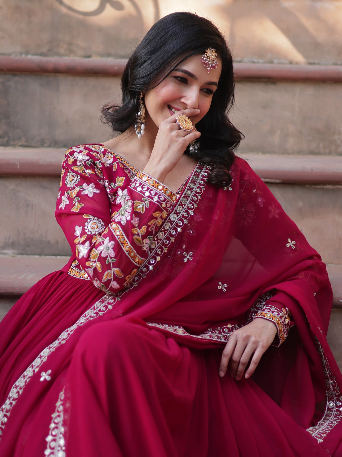 Marvelous Dark Pink Zari Work Georgette Reception Gown