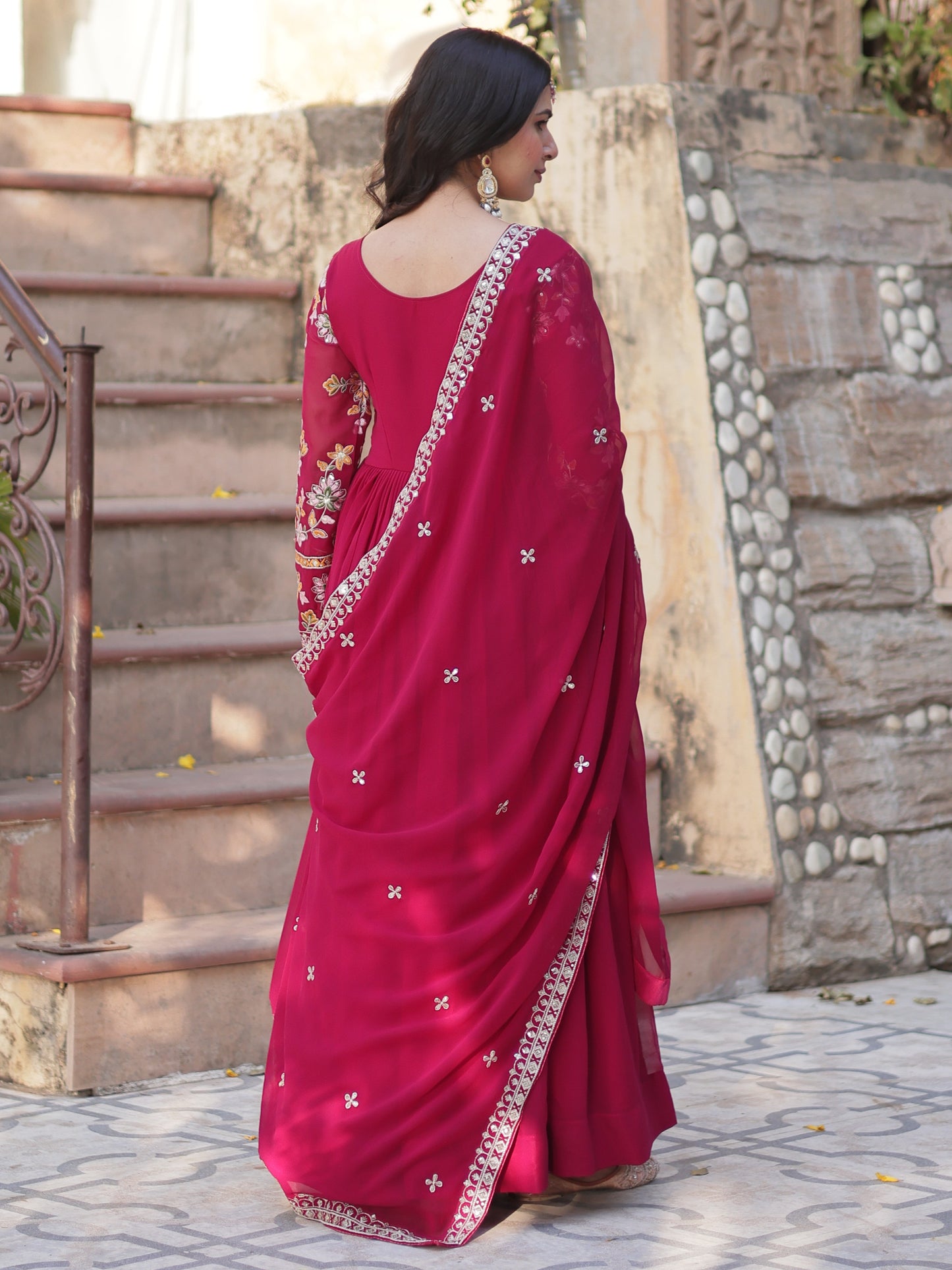 Marvelous Dark Pink Zari Work Georgette Reception Gown