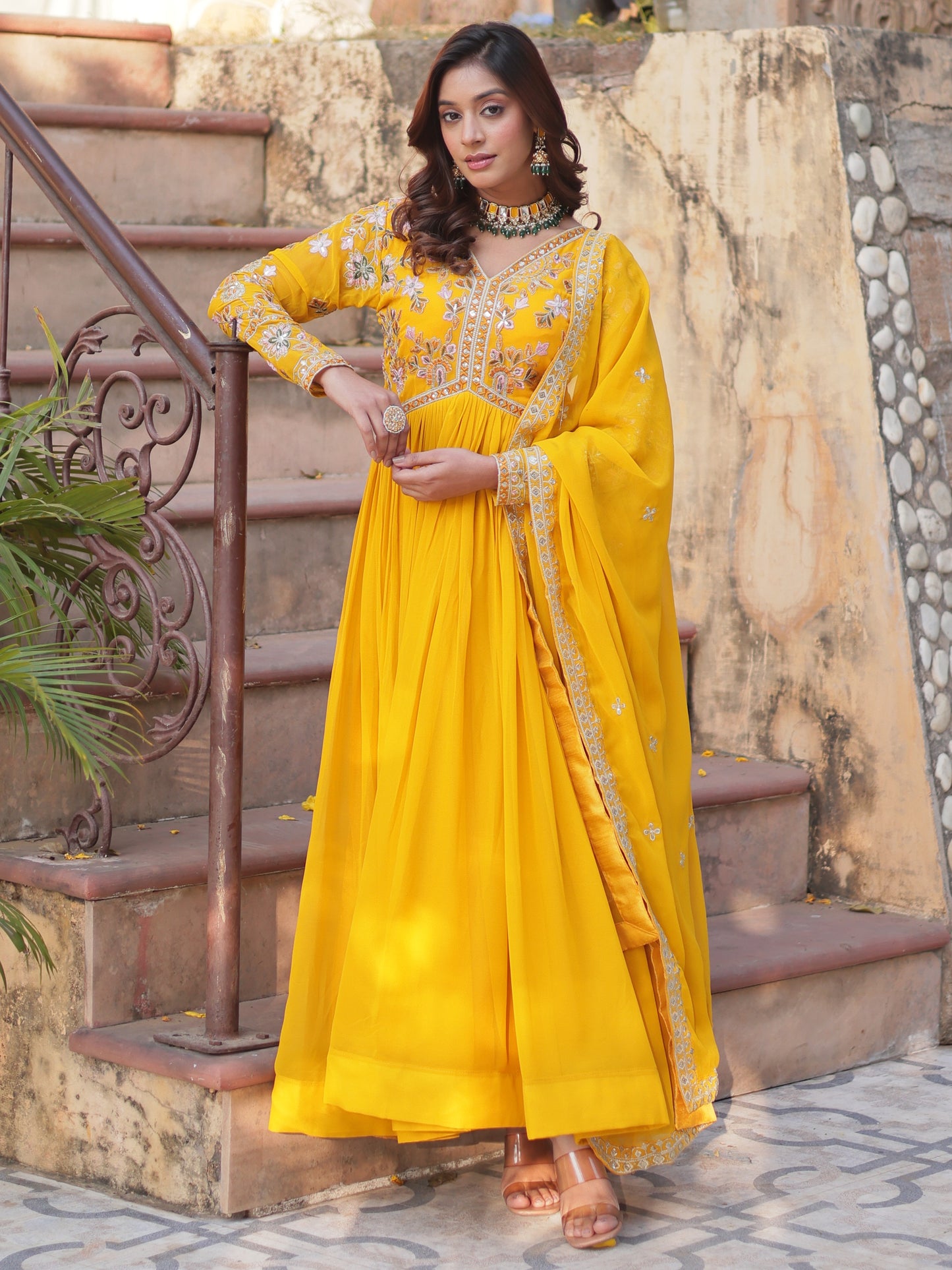 Captivating Yellow Embroidered Georgette Haldi Wear Gown