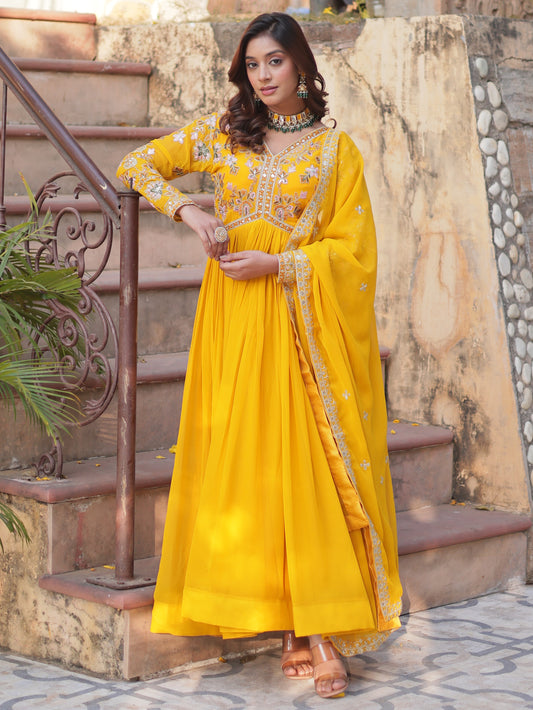 Captivating Yellow Embroidered Georgette Haldi Wear Gown