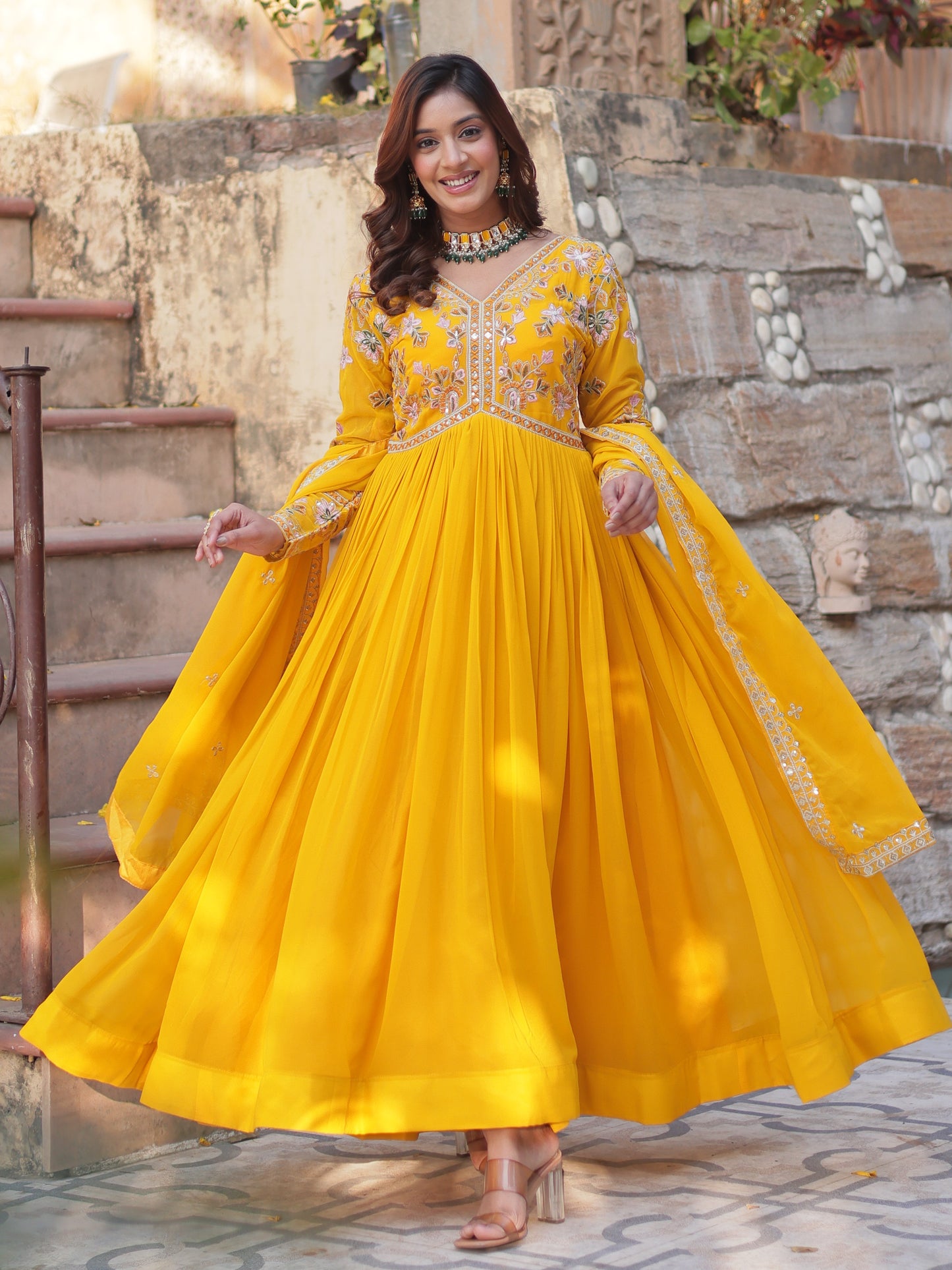 Captivating Yellow Embroidered Georgette Haldi Wear Gown