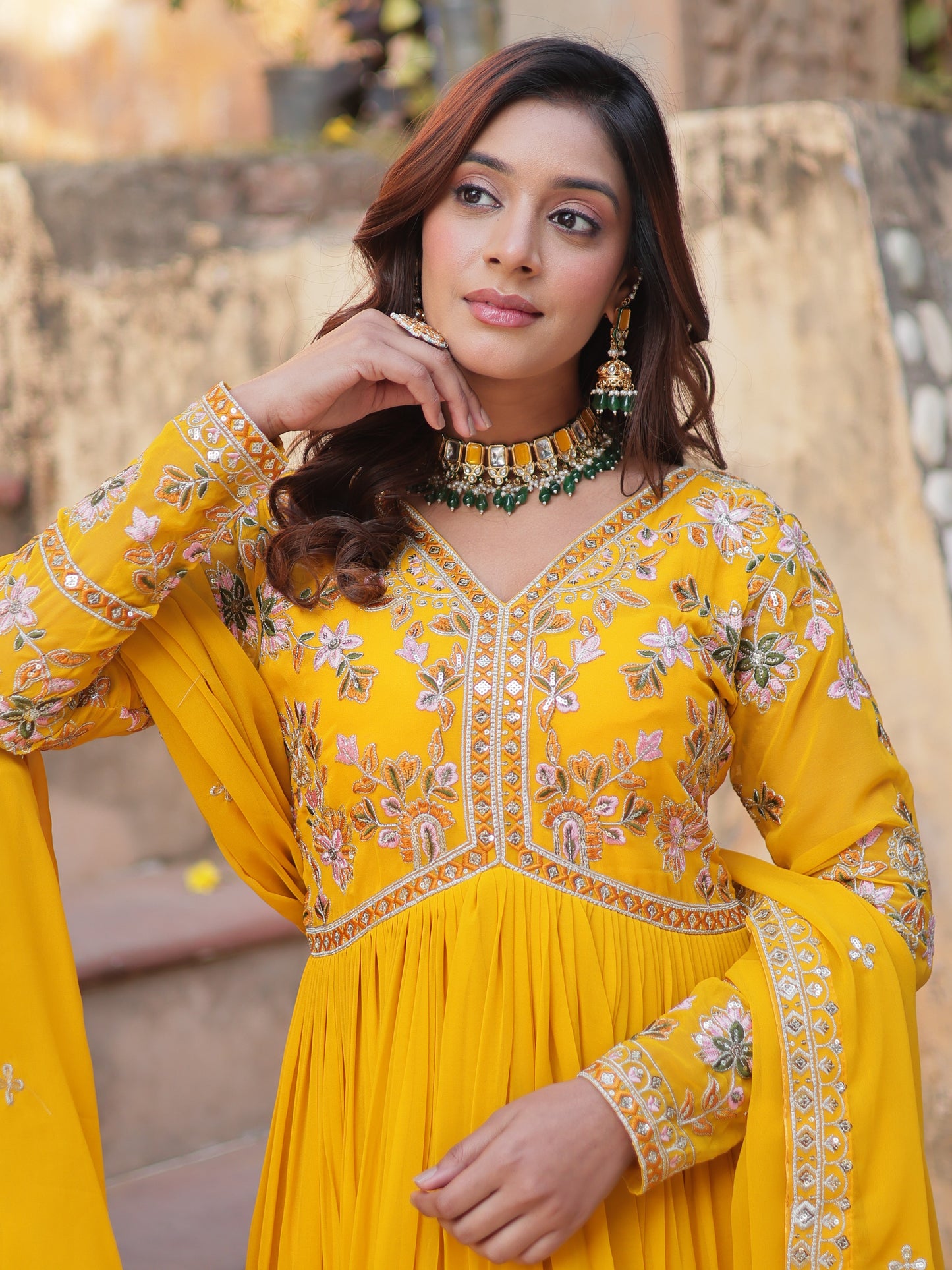 Captivating Yellow Embroidered Georgette Haldi Wear Gown