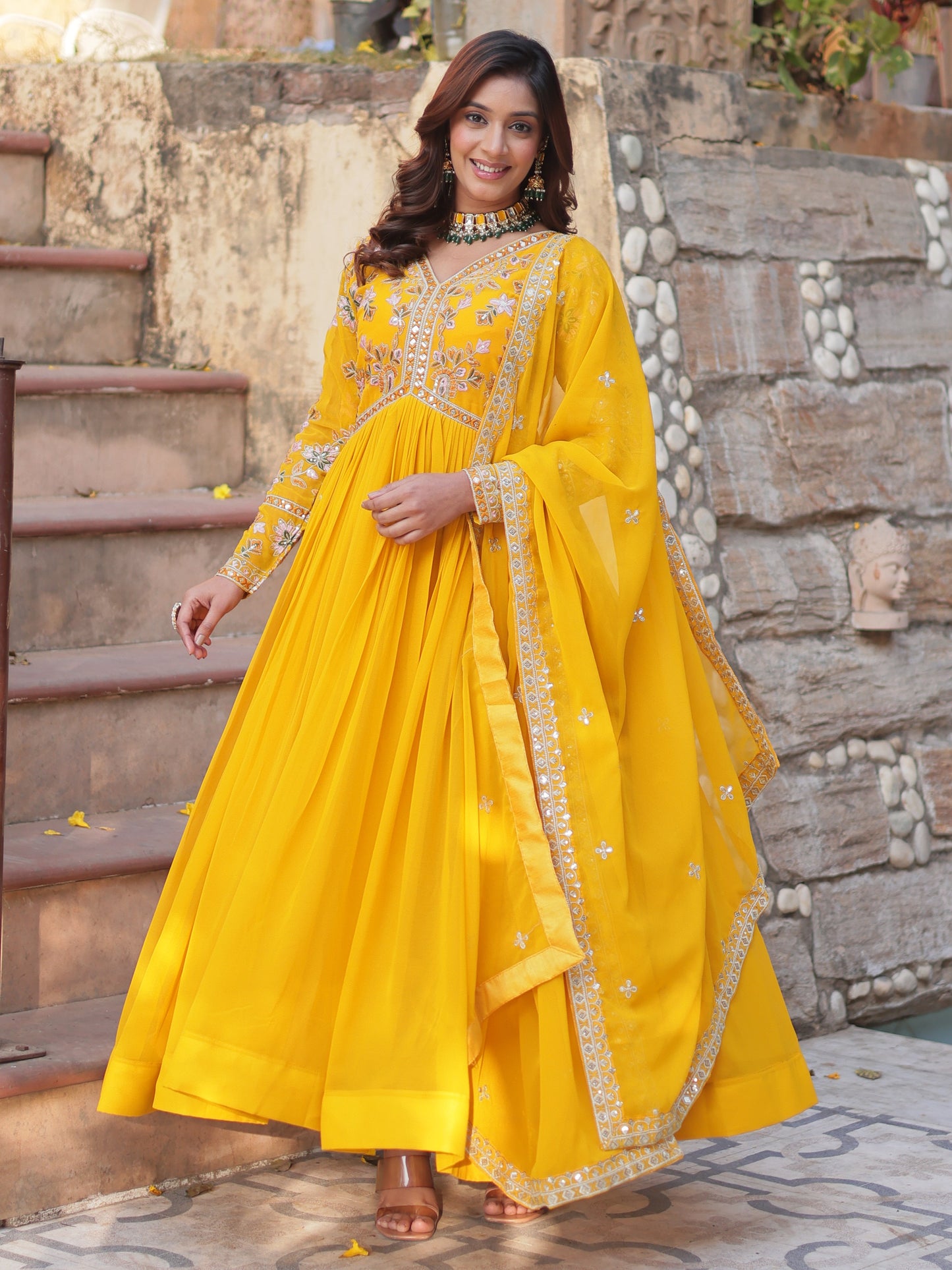 Captivating Yellow Embroidered Georgette Haldi Wear Gown