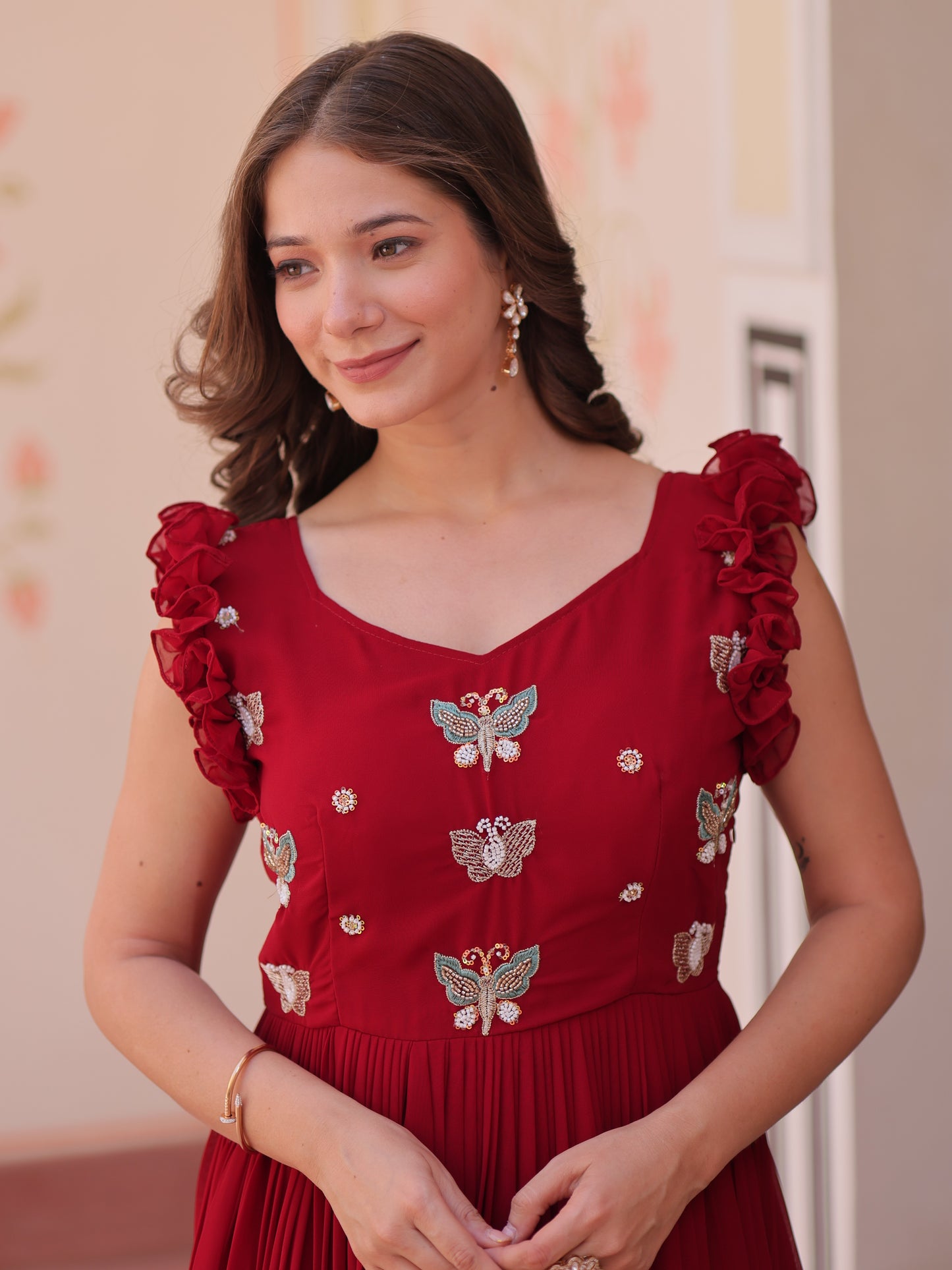 Outstanding Red Embroidered Georgette Festive Gown