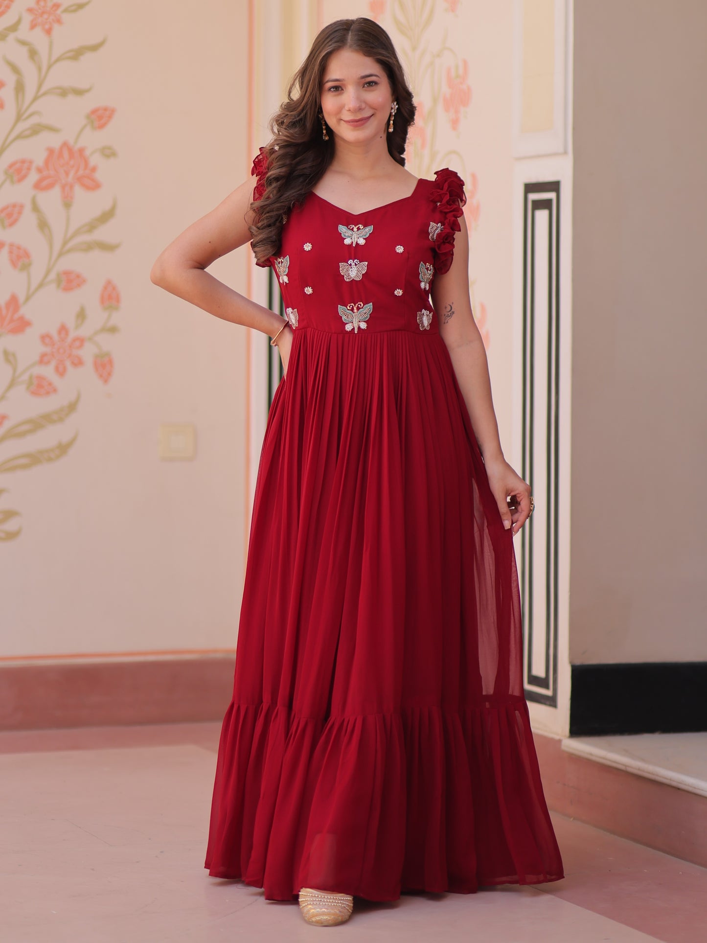 Outstanding Red Embroidered Georgette Festive Gown