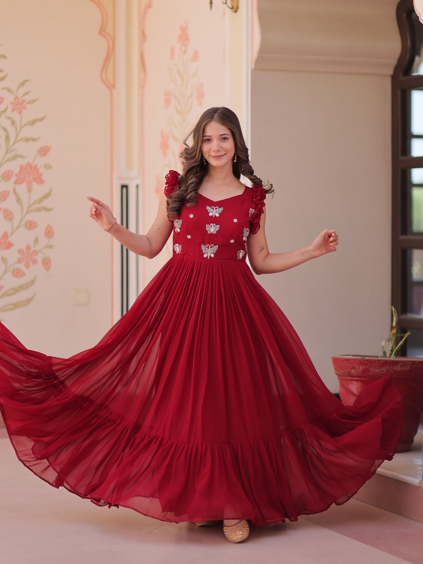 Outstanding Red Embroidered Georgette Festive Gown