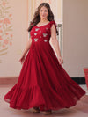 Outstanding Red Embroidered Georgette Festive Gown