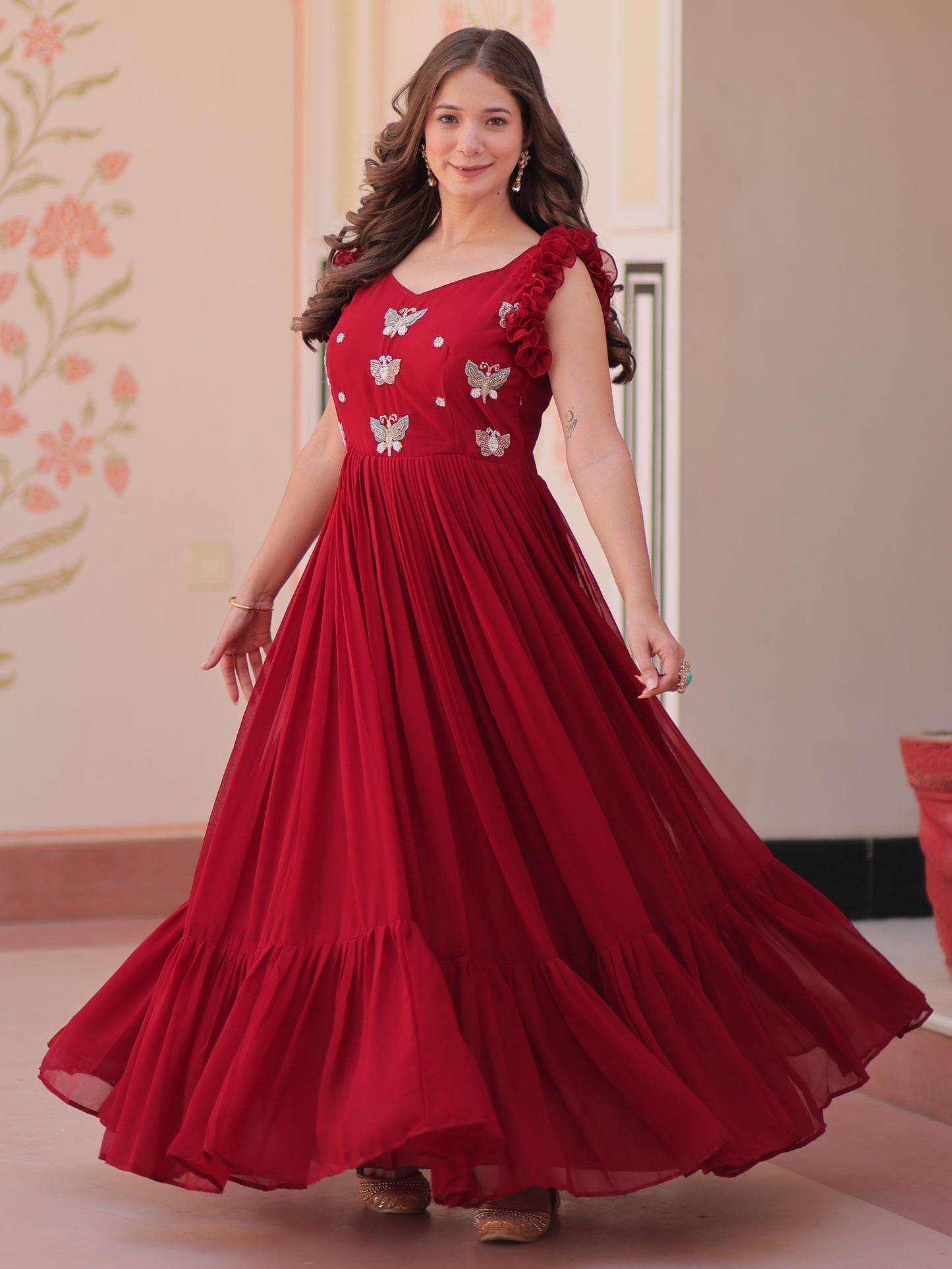 Outstanding Red Embroidered Georgette Festive Gown