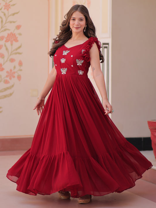 Outstanding Red Embroidered Georgette Festive Gown