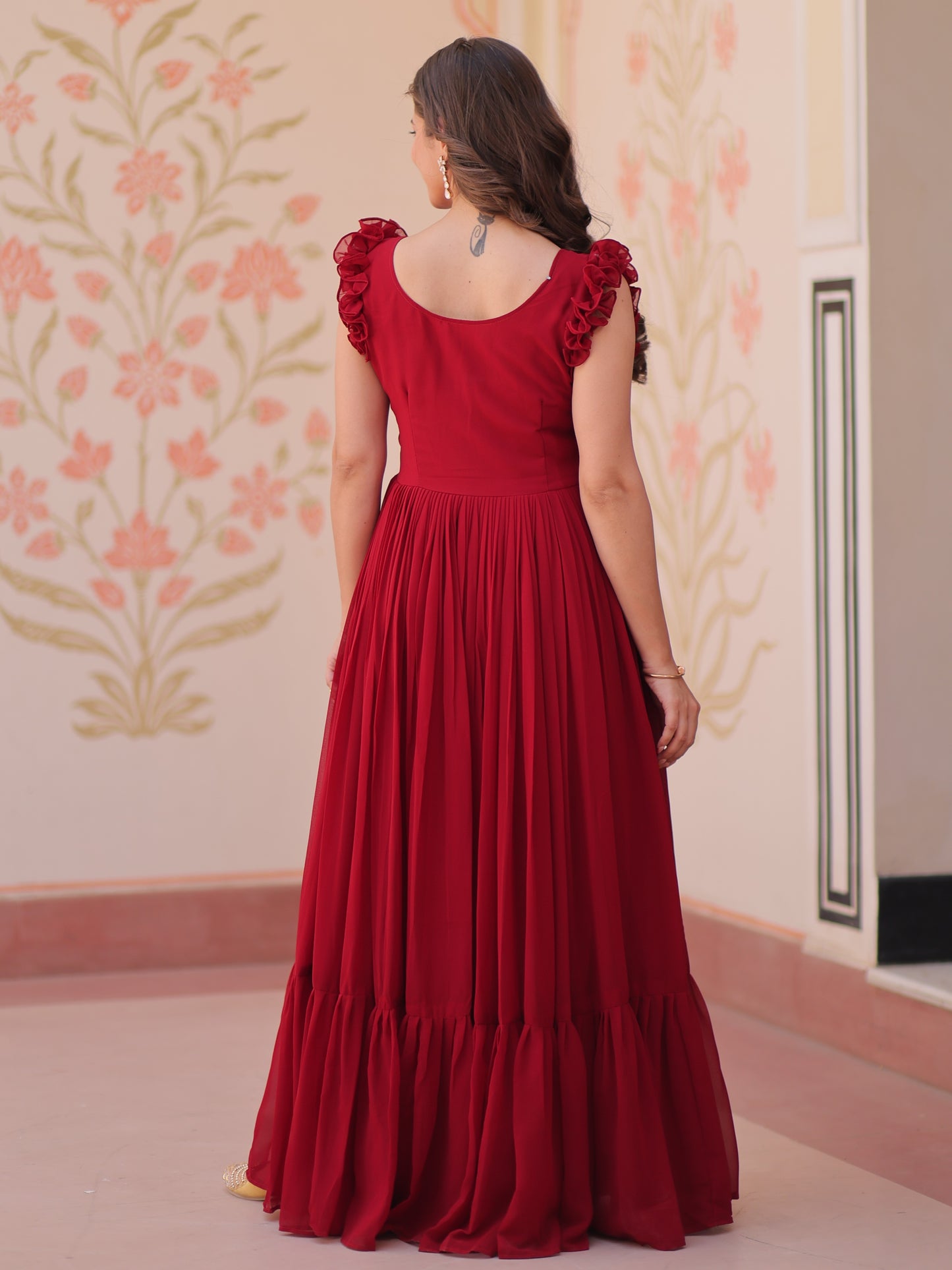 Outstanding Red Embroidered Georgette Festive Gown