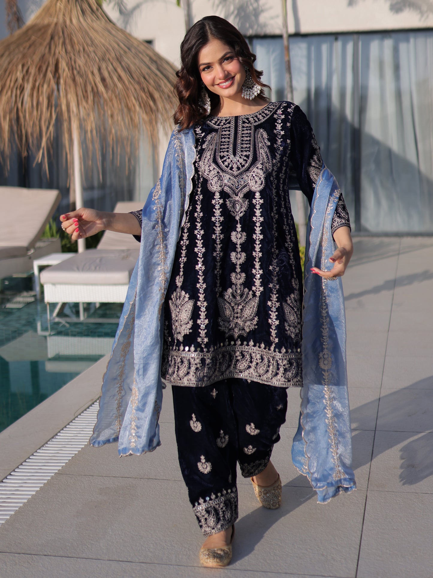 Outstanding Navy Blue Embroidered Velvet Engagement Pant Suit