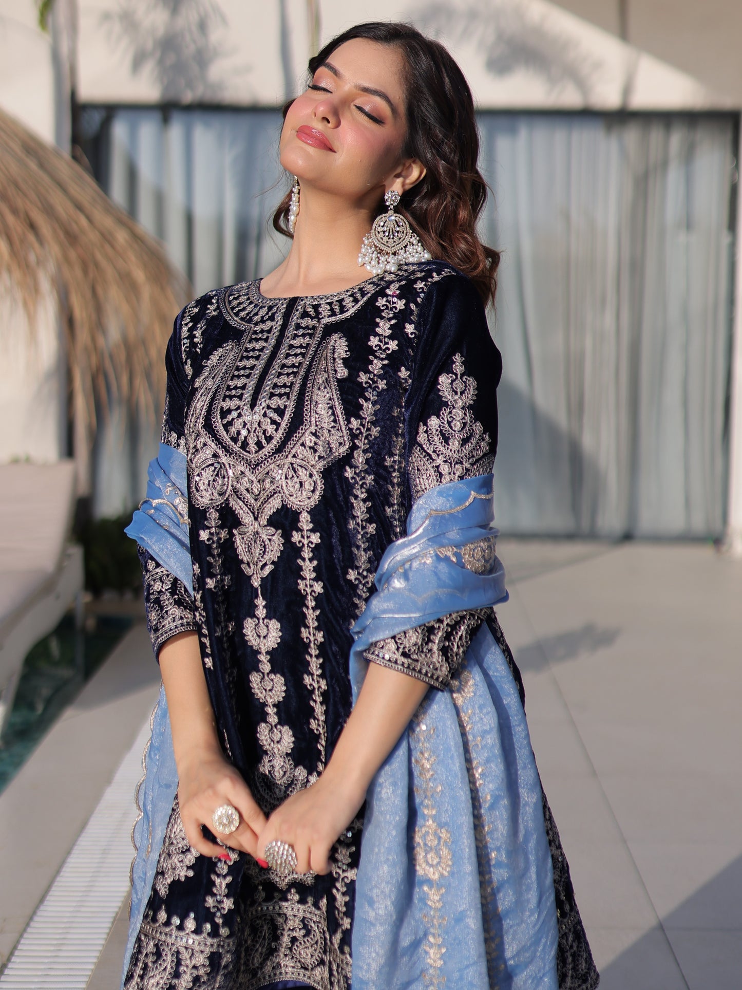 Outstanding Navy Blue Embroidered Velvet Engagement Pant Suit