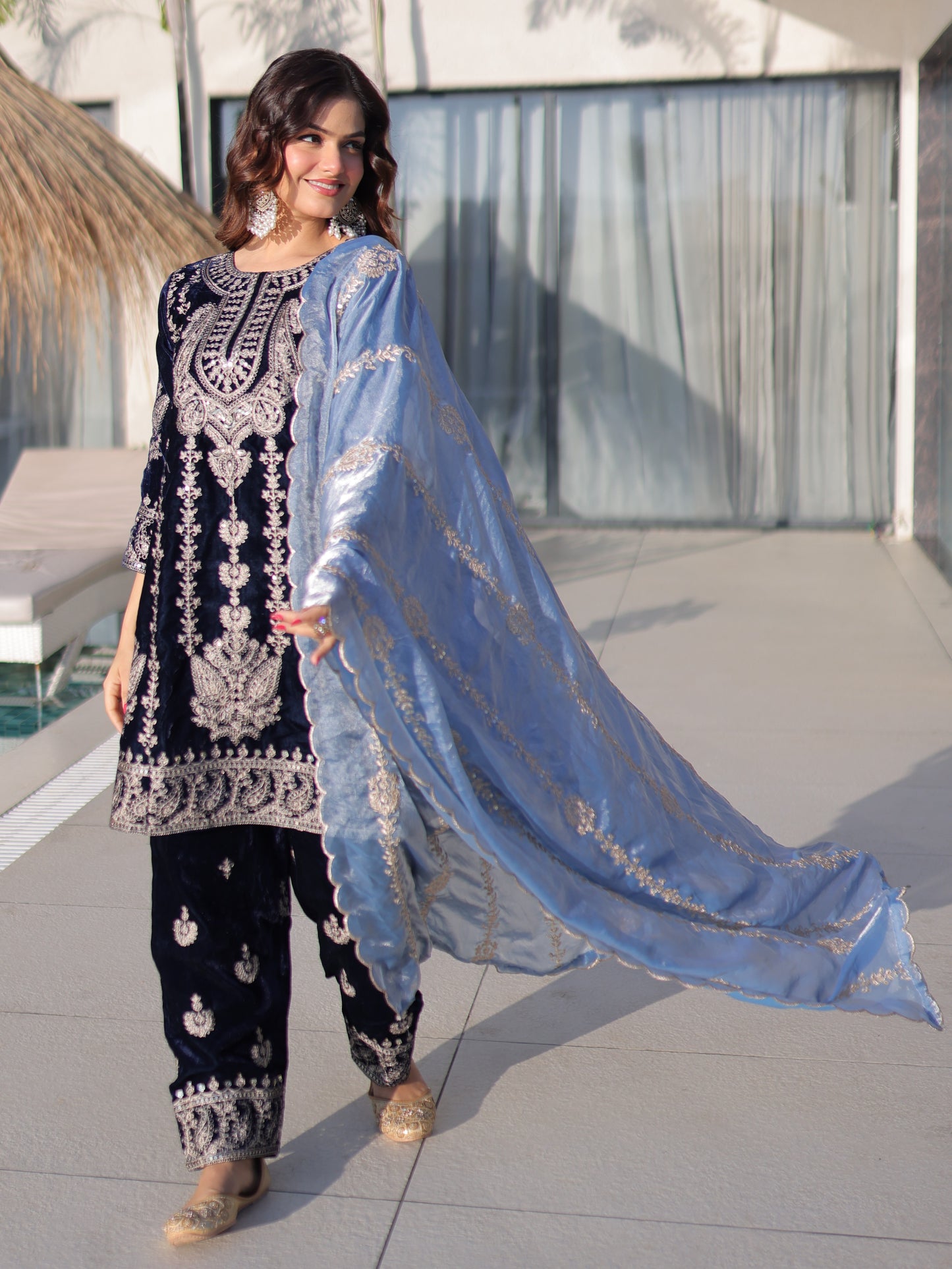 Outstanding Navy Blue Embroidered Velvet Engagement Pant Suit