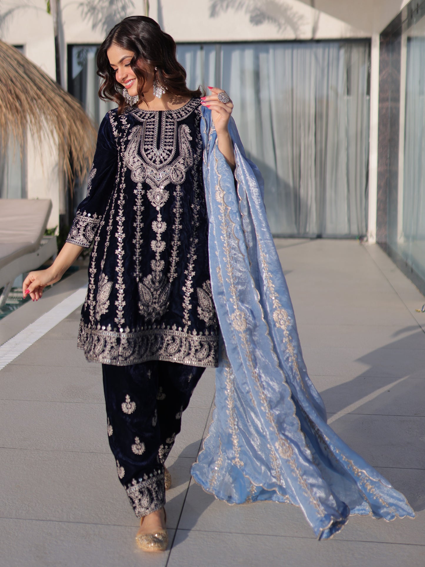 Outstanding Navy Blue Embroidered Velvet Engagement Pant Suit