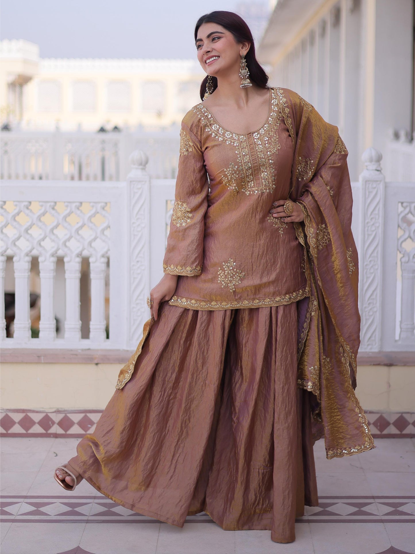 Elegent Brown Zari Work Crushed Silk Wedding Palazzo Suit