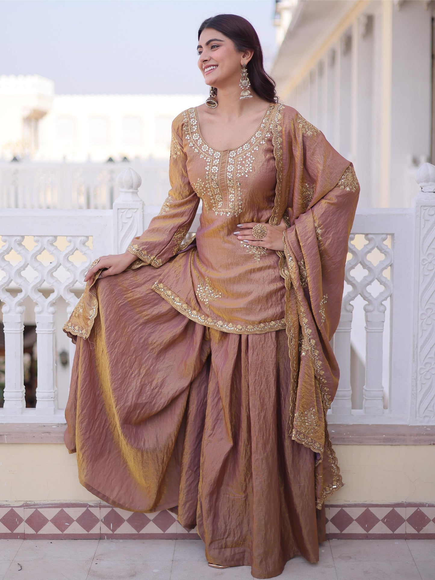 Elegent Brown Zari Work Crushed Silk Wedding Palazzo Suit