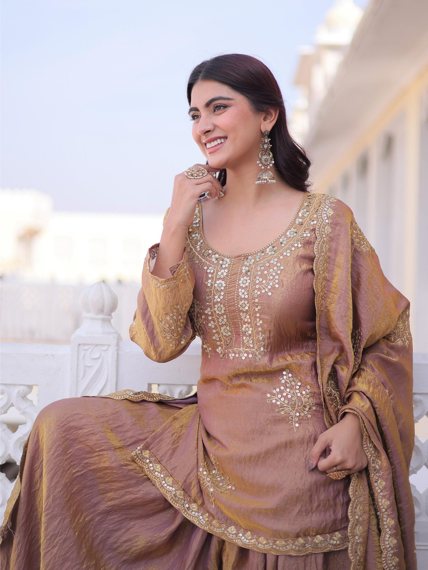 Elegent Brown Zari Work Crushed Silk Wedding Palazzo Suit