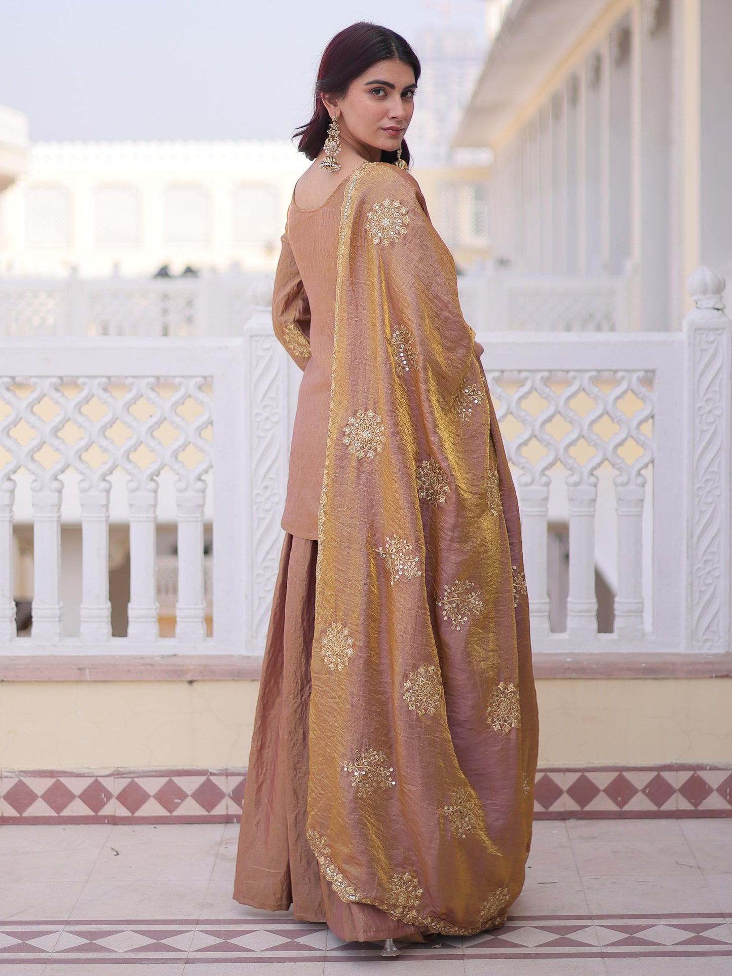 Elegent Brown Zari Work Crushed Silk Wedding Palazzo Suit
