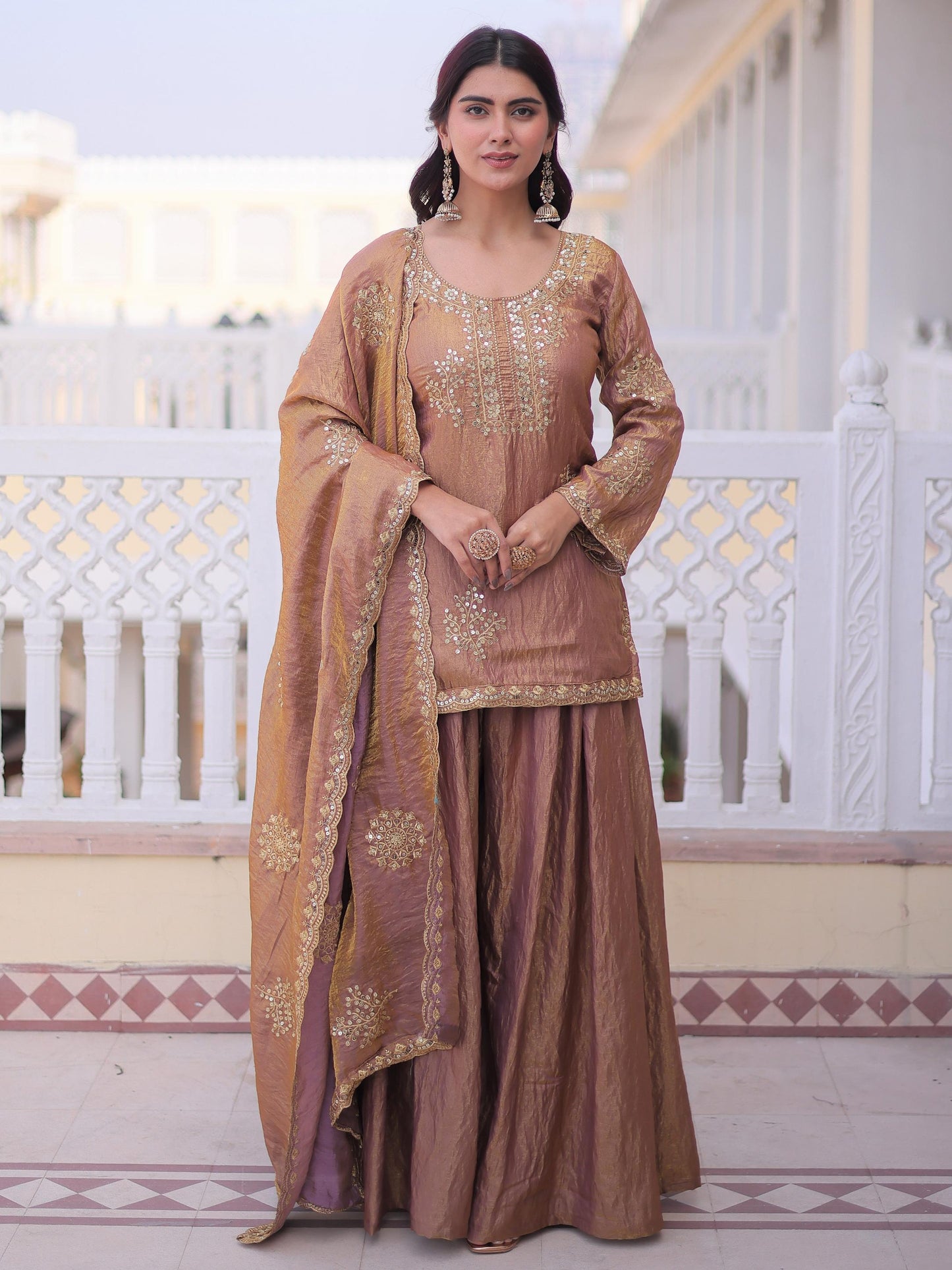 Elegent Brown Zari Work Crushed Silk Wedding Palazzo Suit