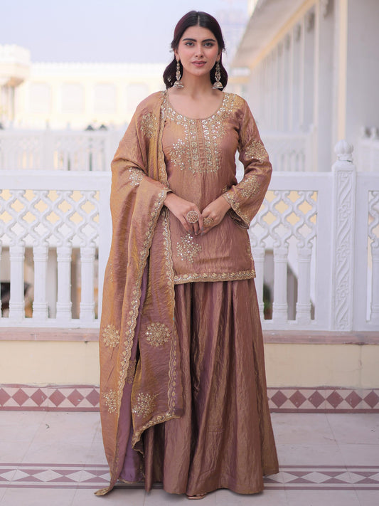 Elegent Brown Zari Work Crushed Silk Wedding Palazzo Suit