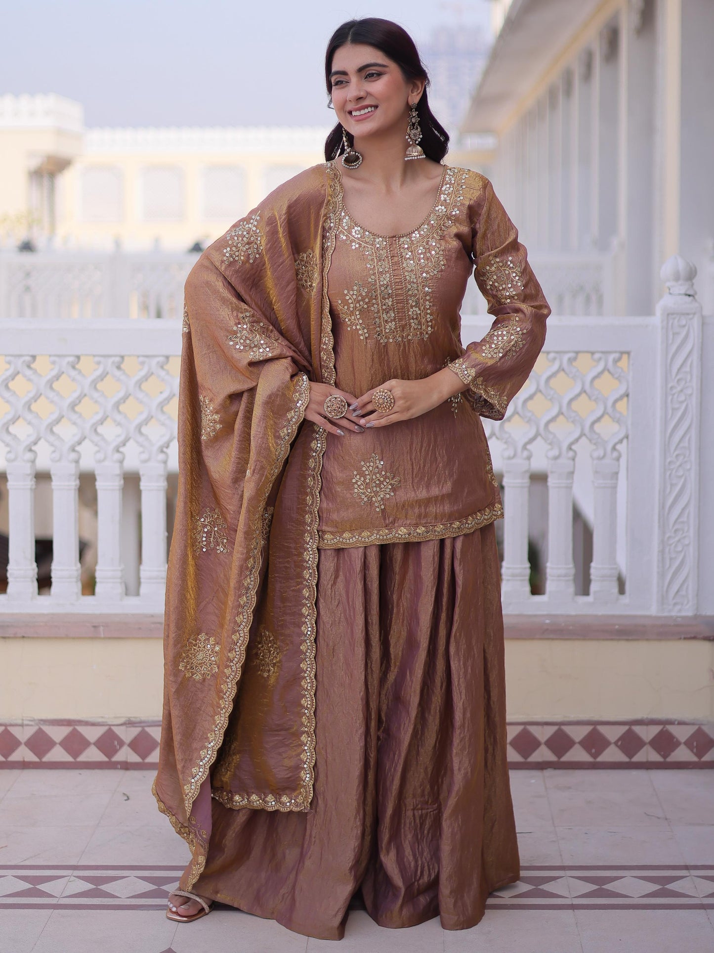 Elegent Brown Zari Work Crushed Silk Wedding Palazzo Suit