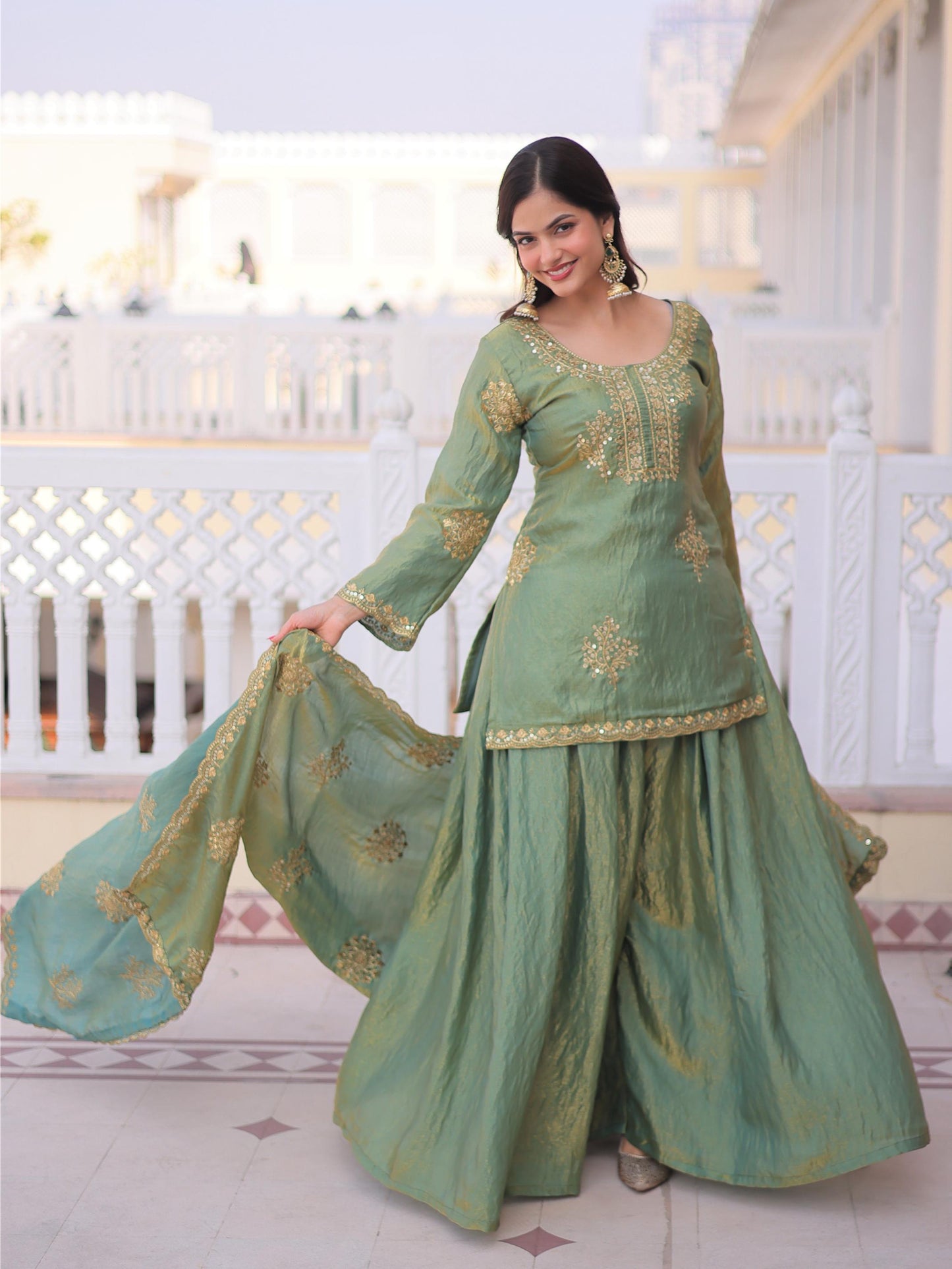 Desirable Green Zari Work Crushed Silk Mehndi Wear Palazzo Suit