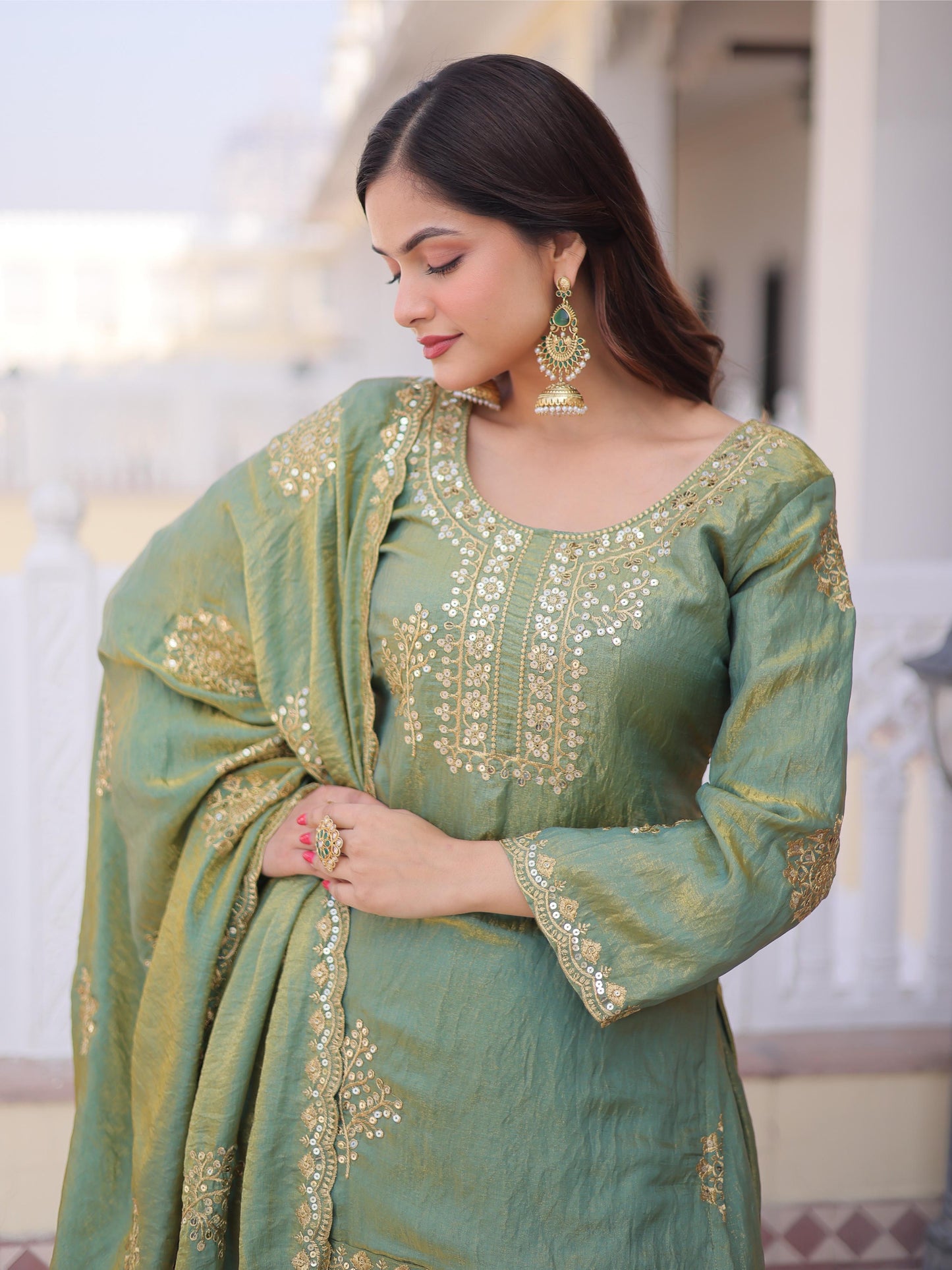 Desirable Green Zari Work Crushed Silk Mehndi Wear Palazzo Suit