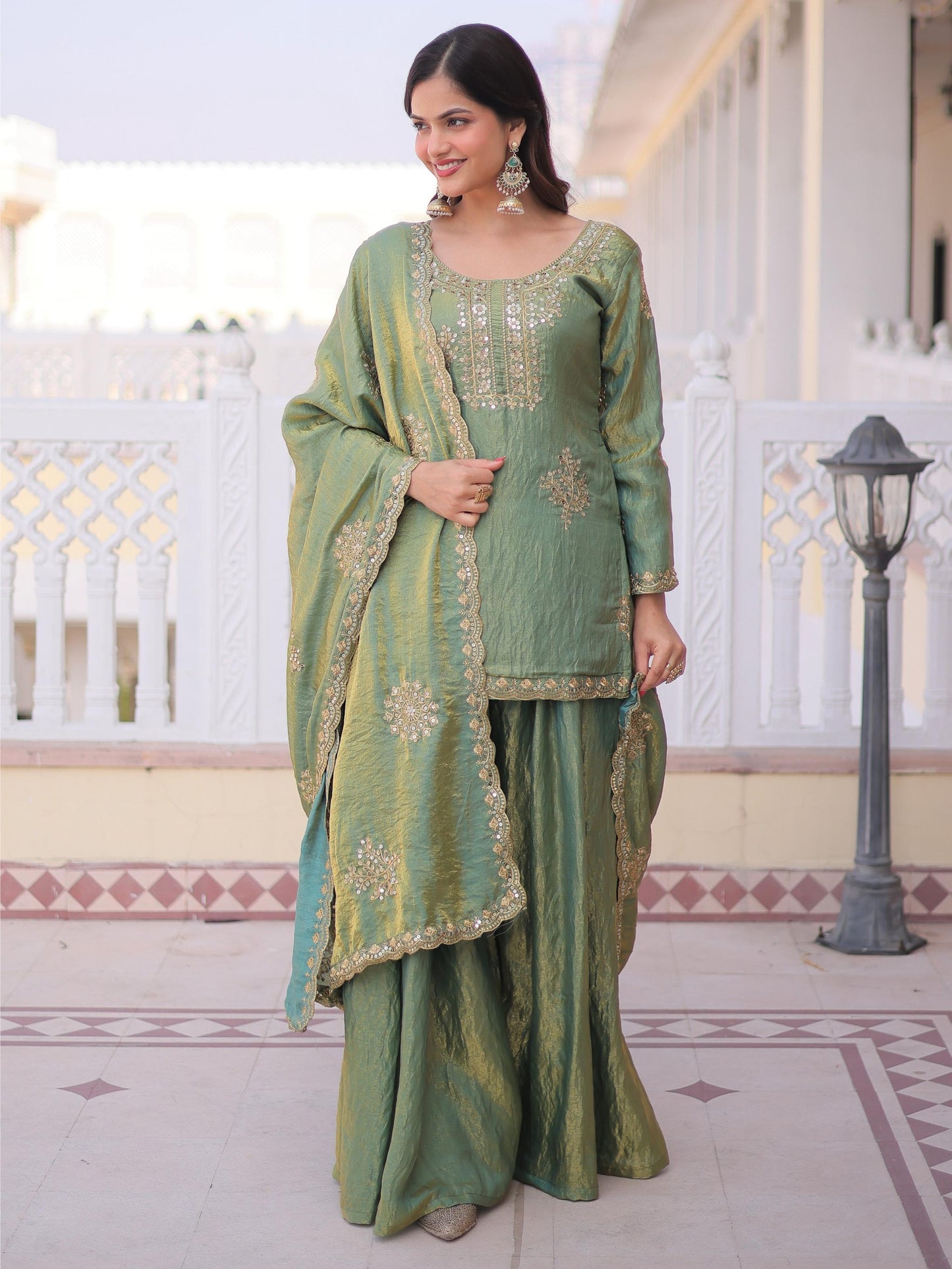 Desirable Green Zari Work Crushed Silk Mehndi Wear Palazzo Suit