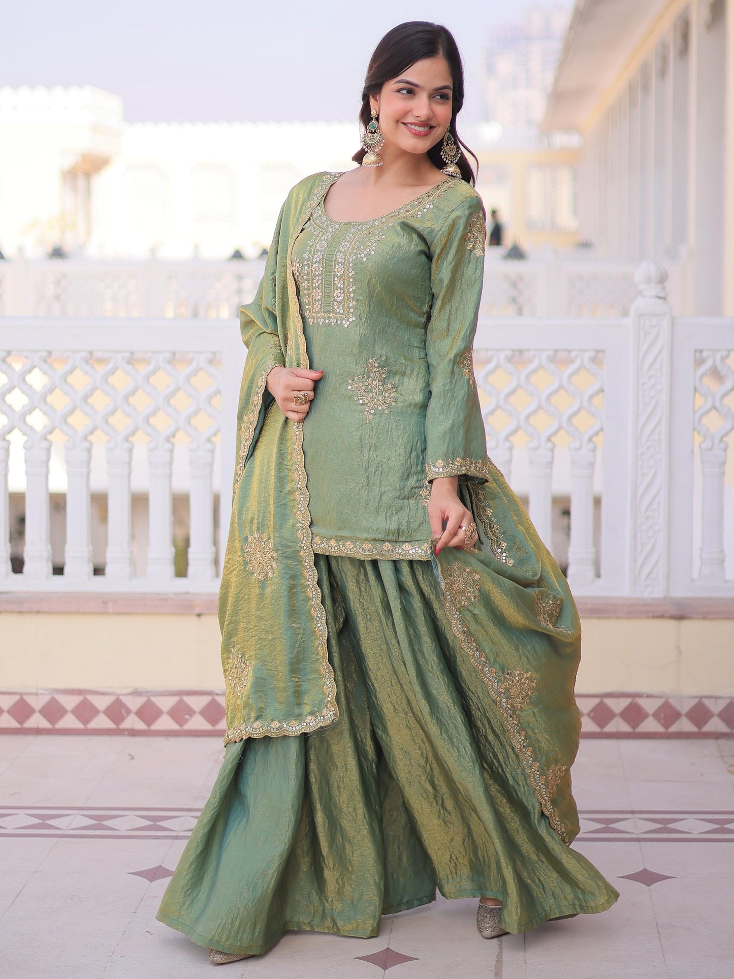 Desirable Green Zari Work Crushed Silk Mehndi Wear Palazzo Suit