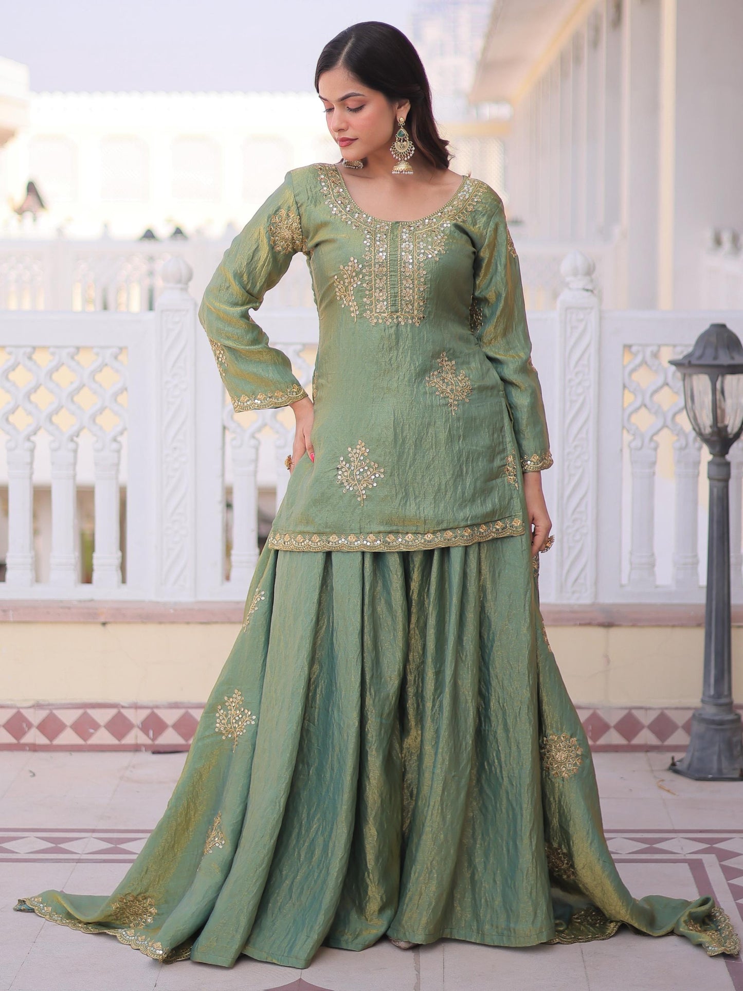 Desirable Green Zari Work Crushed Silk Mehndi Wear Palazzo Suit