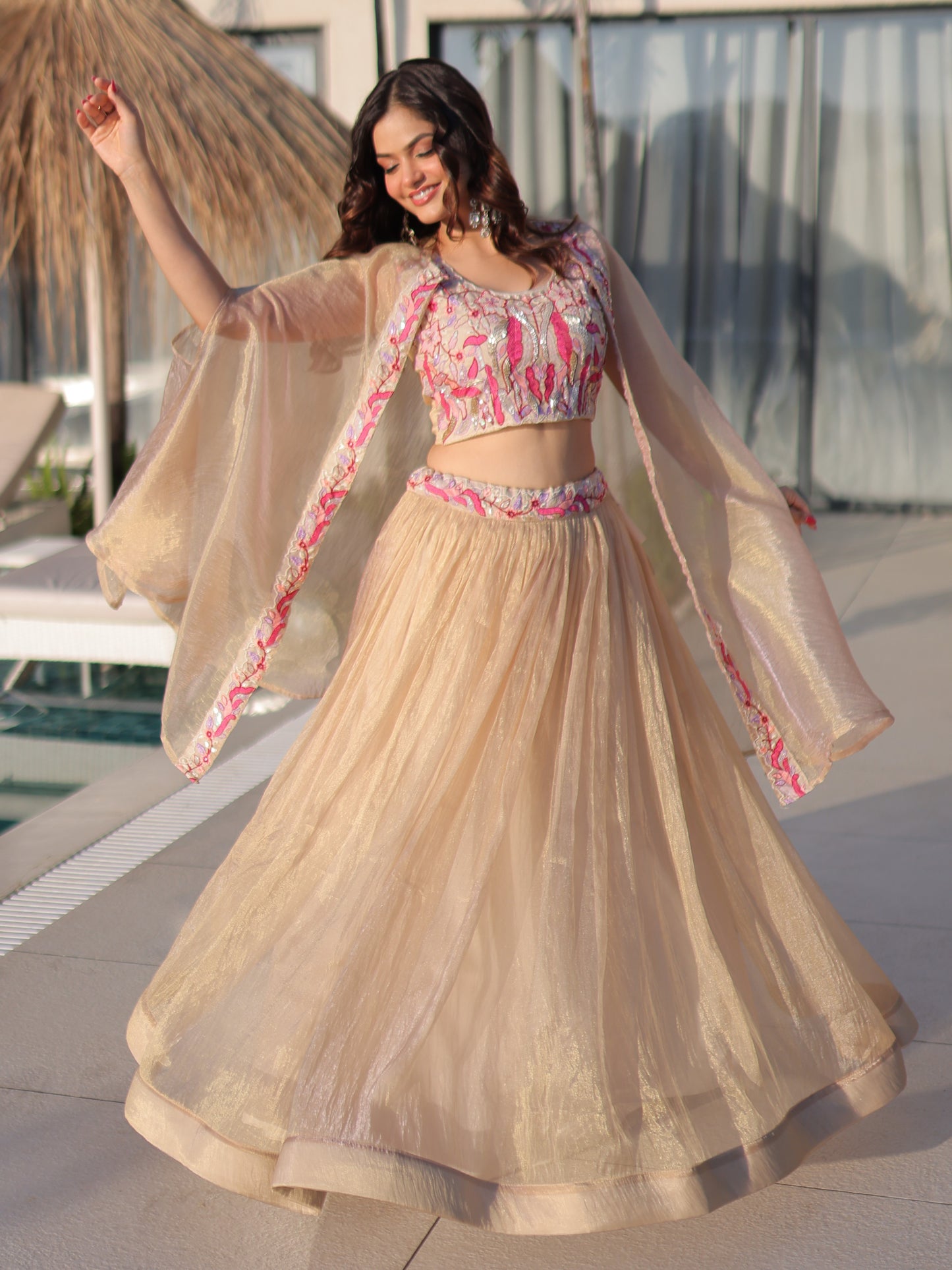 Stylish Cream Embroidered Silk Engagement Crop Top Lehenga
