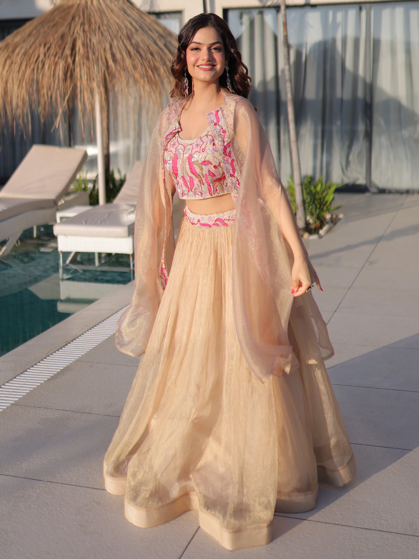 Stylish Cream Embroidered Silk Engagement Crop Top Lehenga