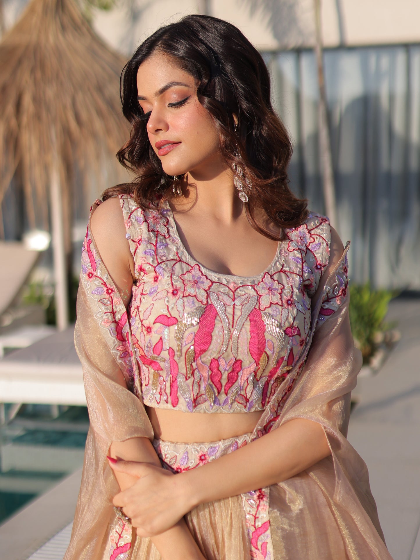 Stylish Cream Embroidered Silk Engagement Crop Top Lehenga