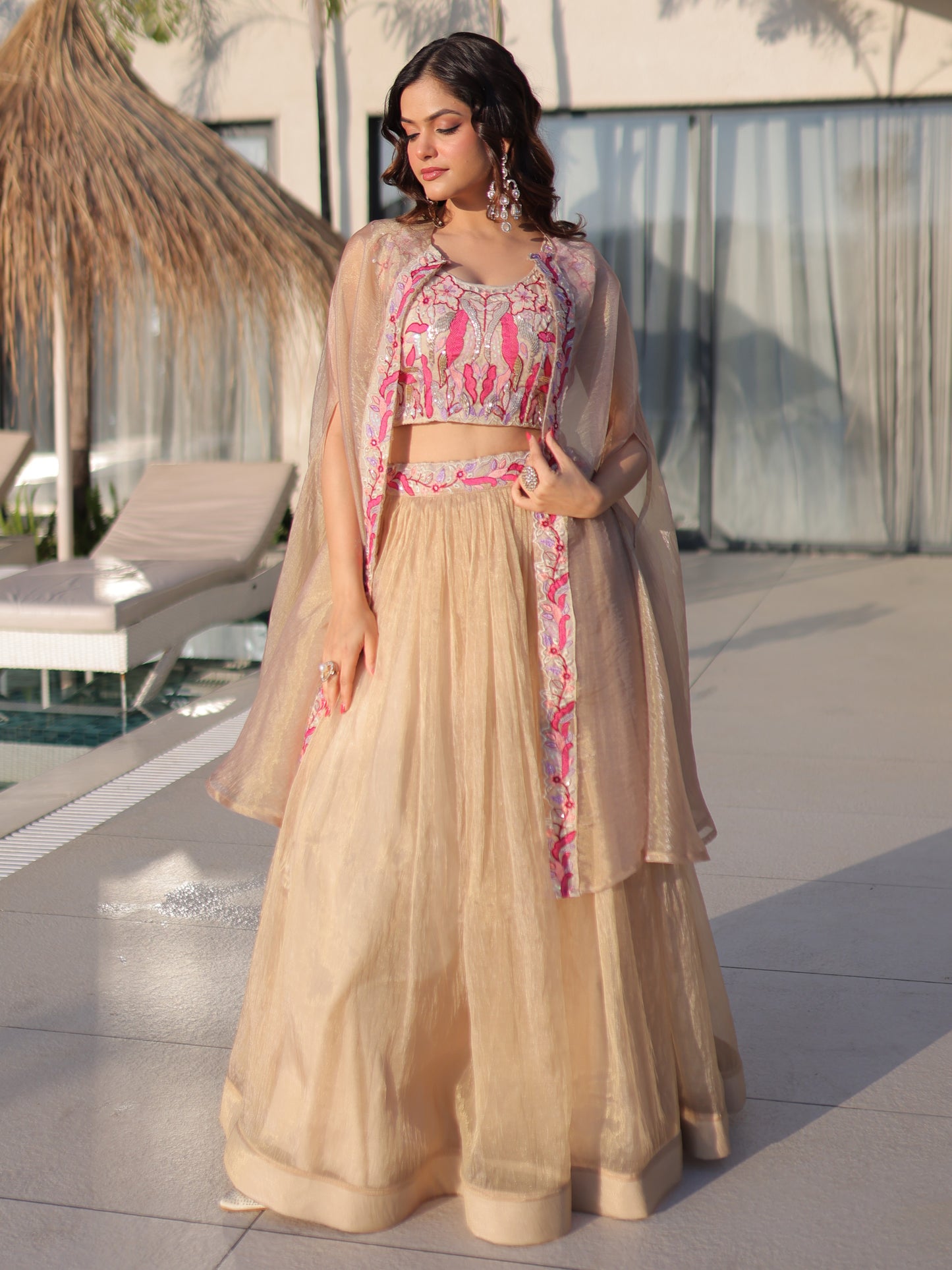 Stylish Cream Embroidered Silk Engagement Crop Top Lehenga