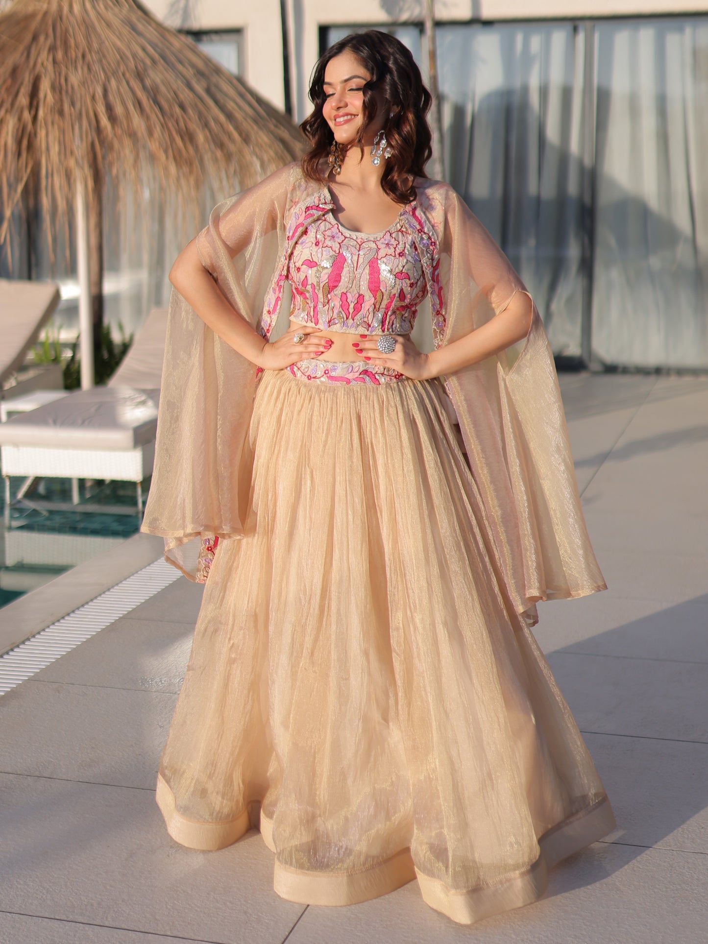 Stylish Cream Embroidered Silk Engagement Crop Top Lehenga