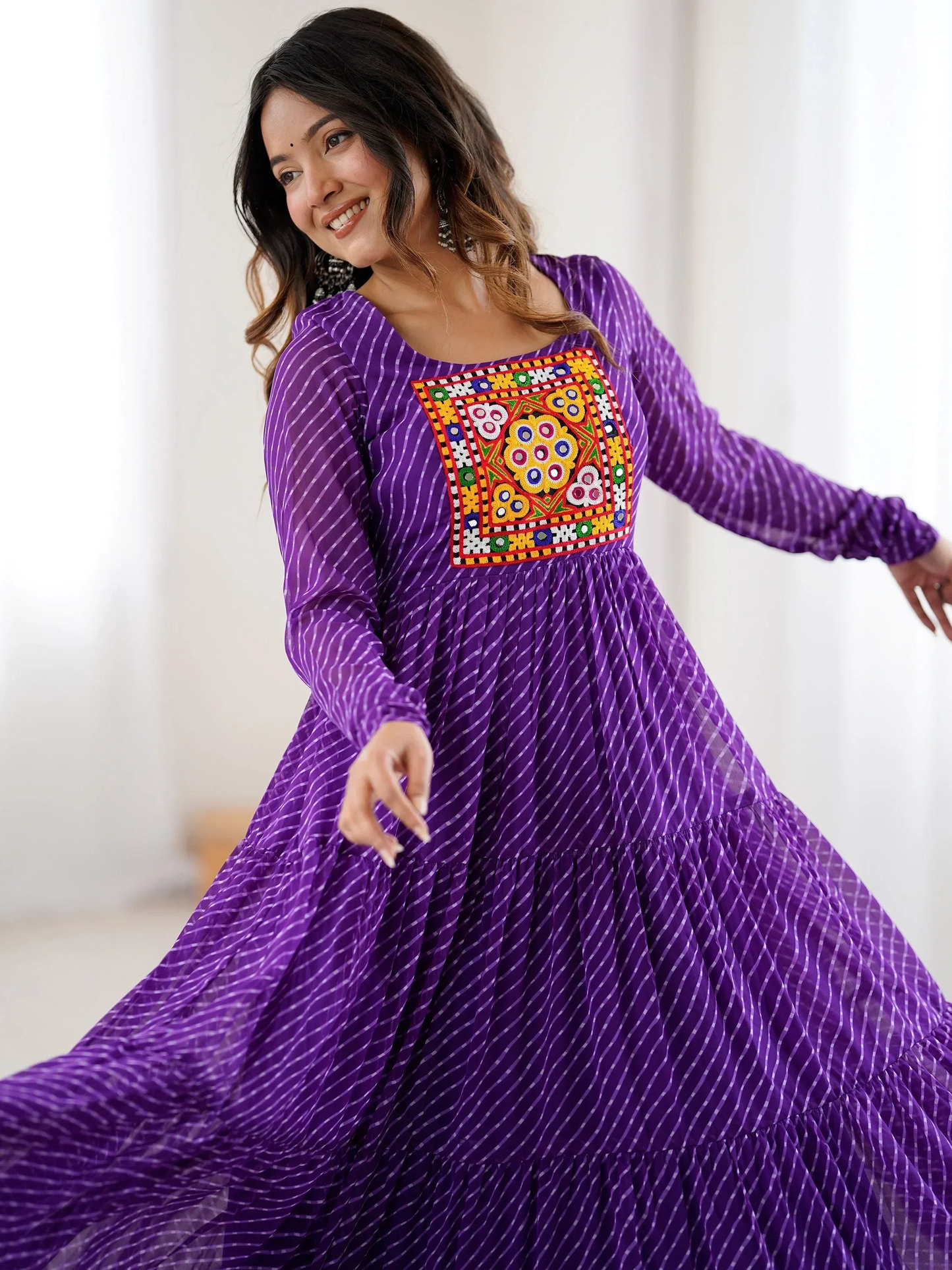 Adorable Purple Leheriya Printed Georgette Navratri Gown