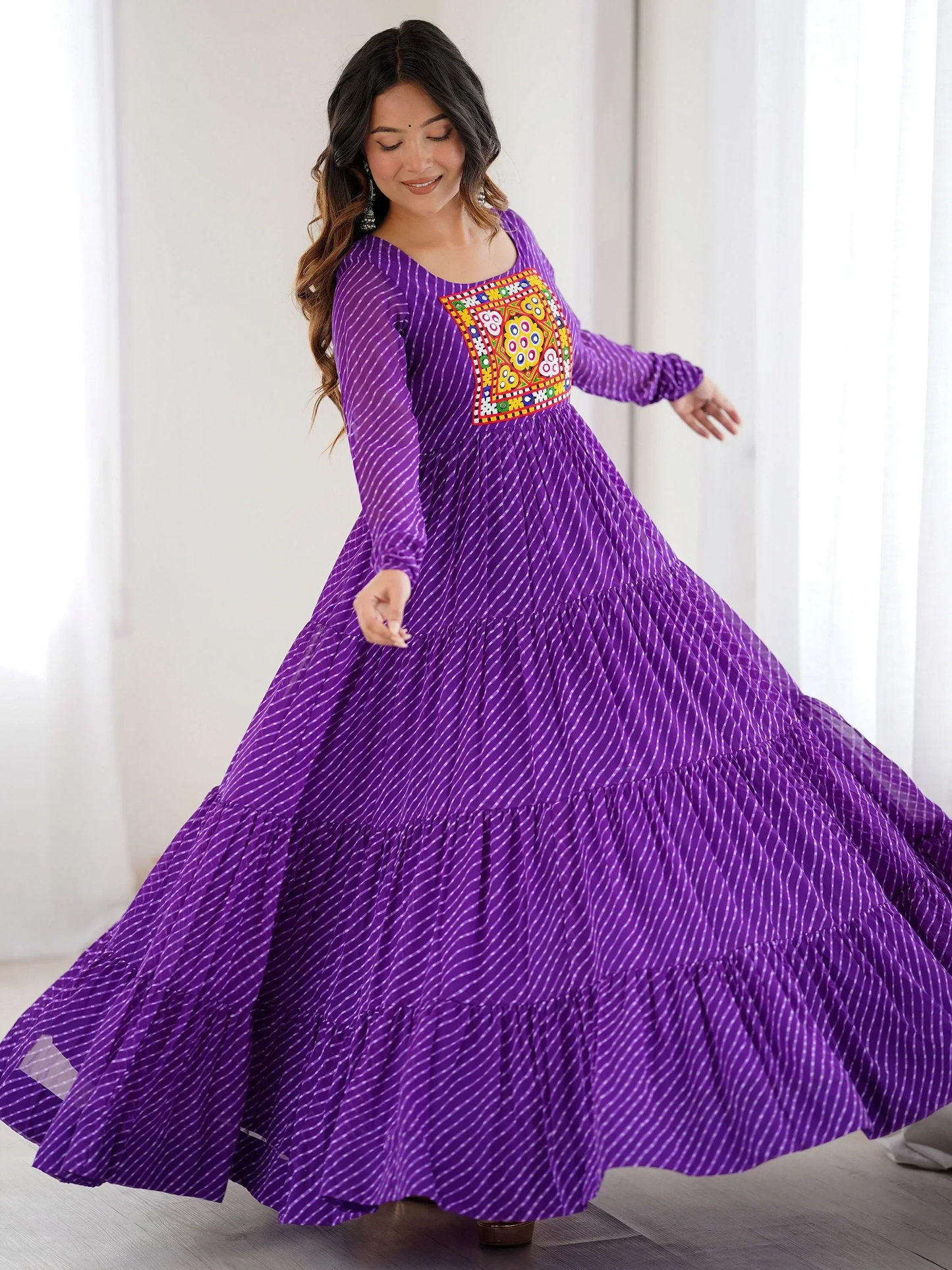 Adorable Purple Leheriya Printed Georgette Navratri Gown