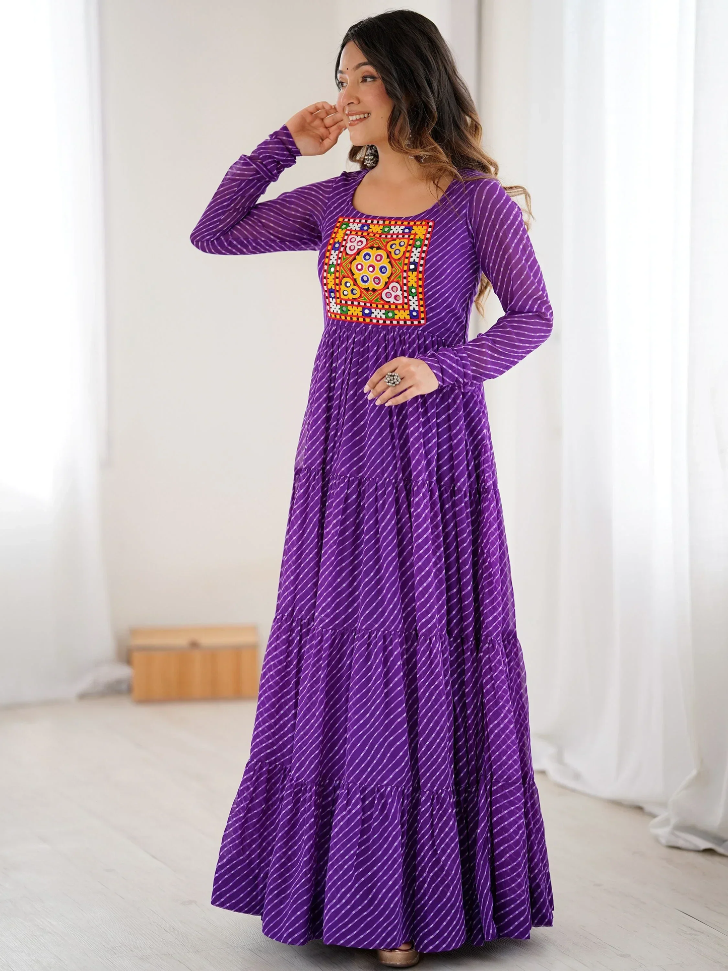 Adorable Purple Leheriya Printed Georgette Navratri Gown