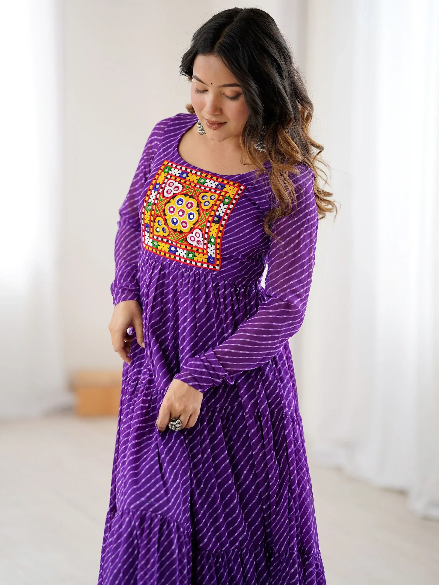 Adorable Purple Leheriya Printed Georgette Navratri Gown
