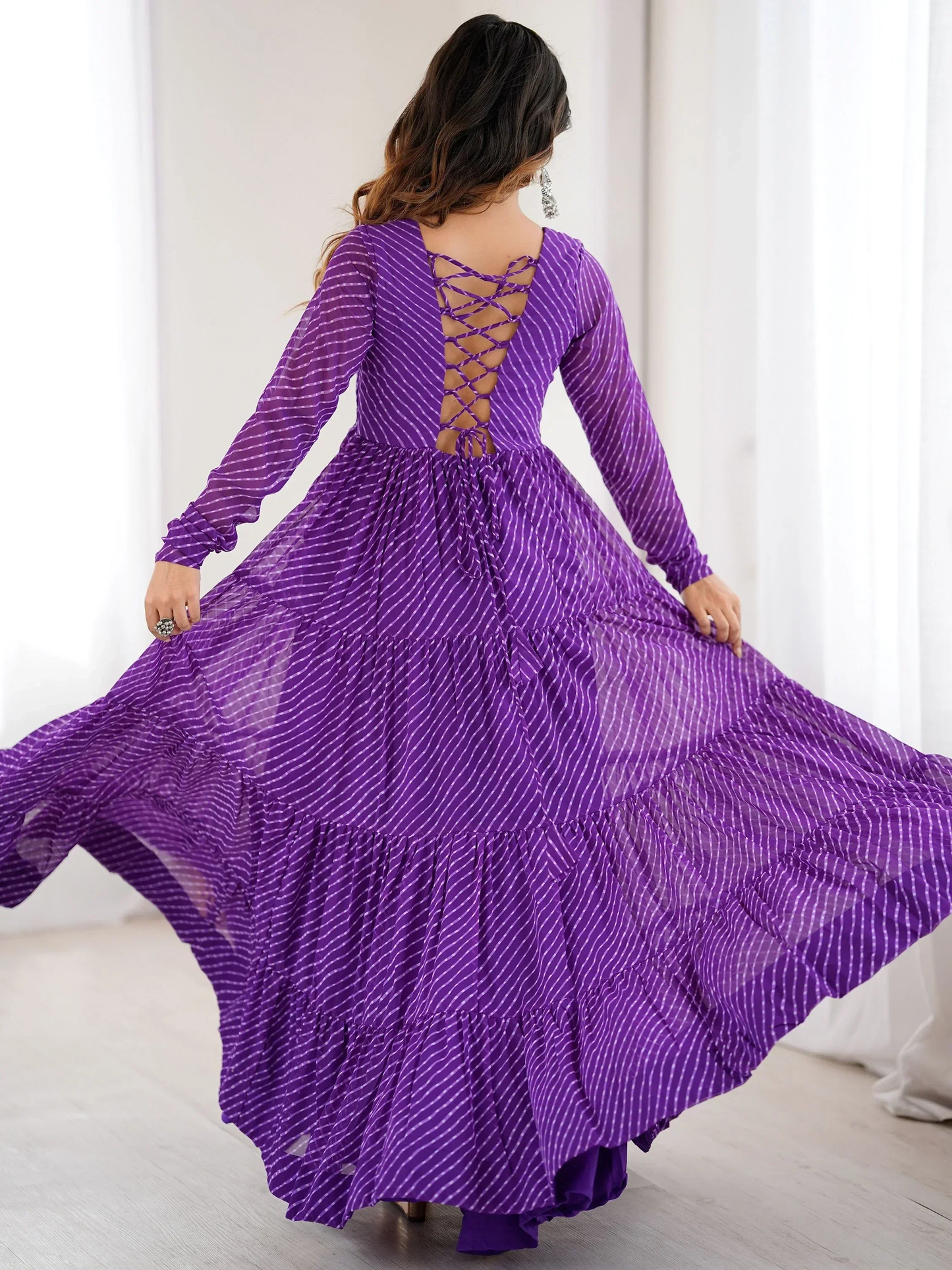 Adorable Purple Leheriya Printed Georgette Navratri Gown