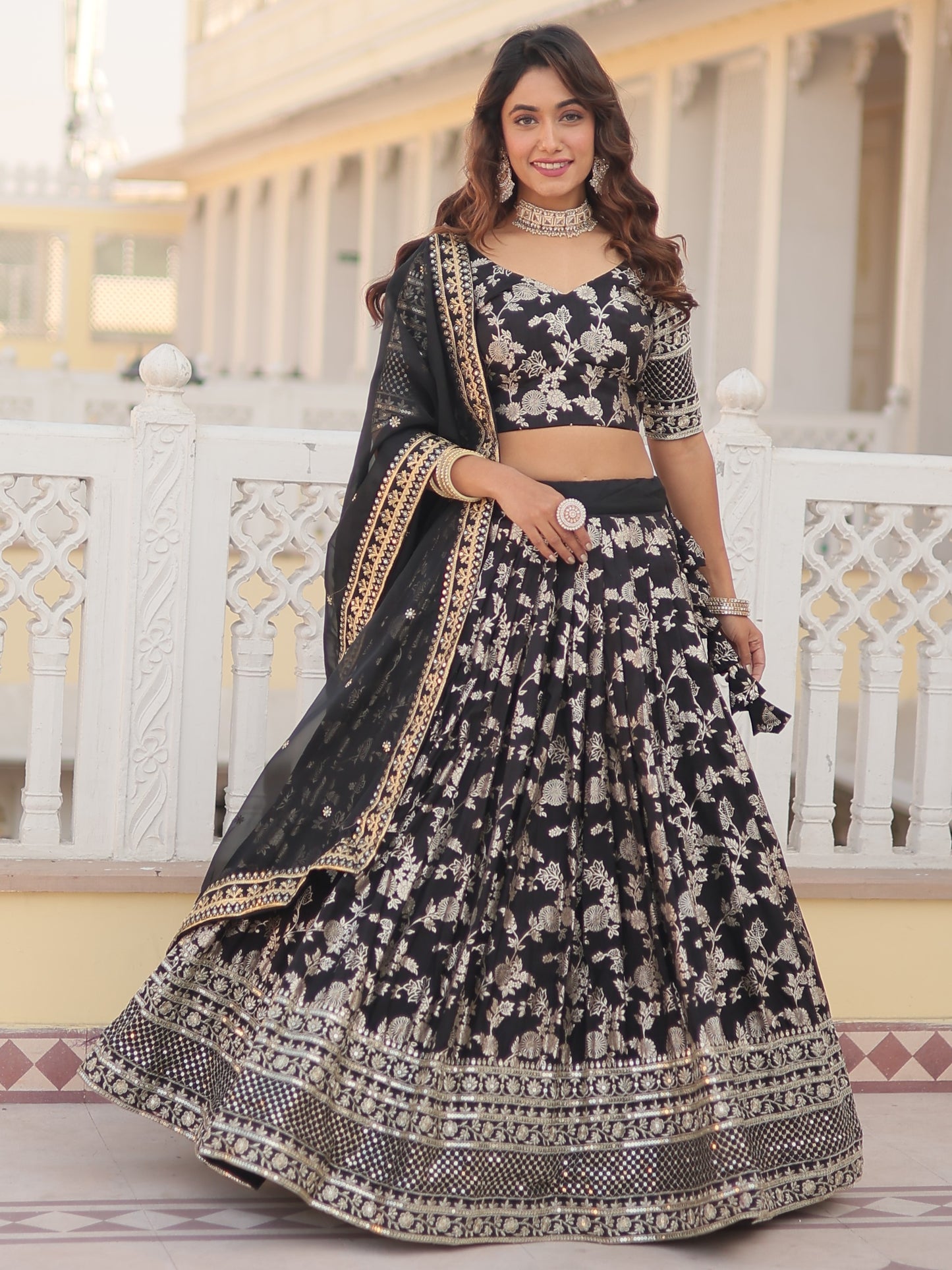Fantastic Black Zari Work Jacquard Reception Lehenga Choli