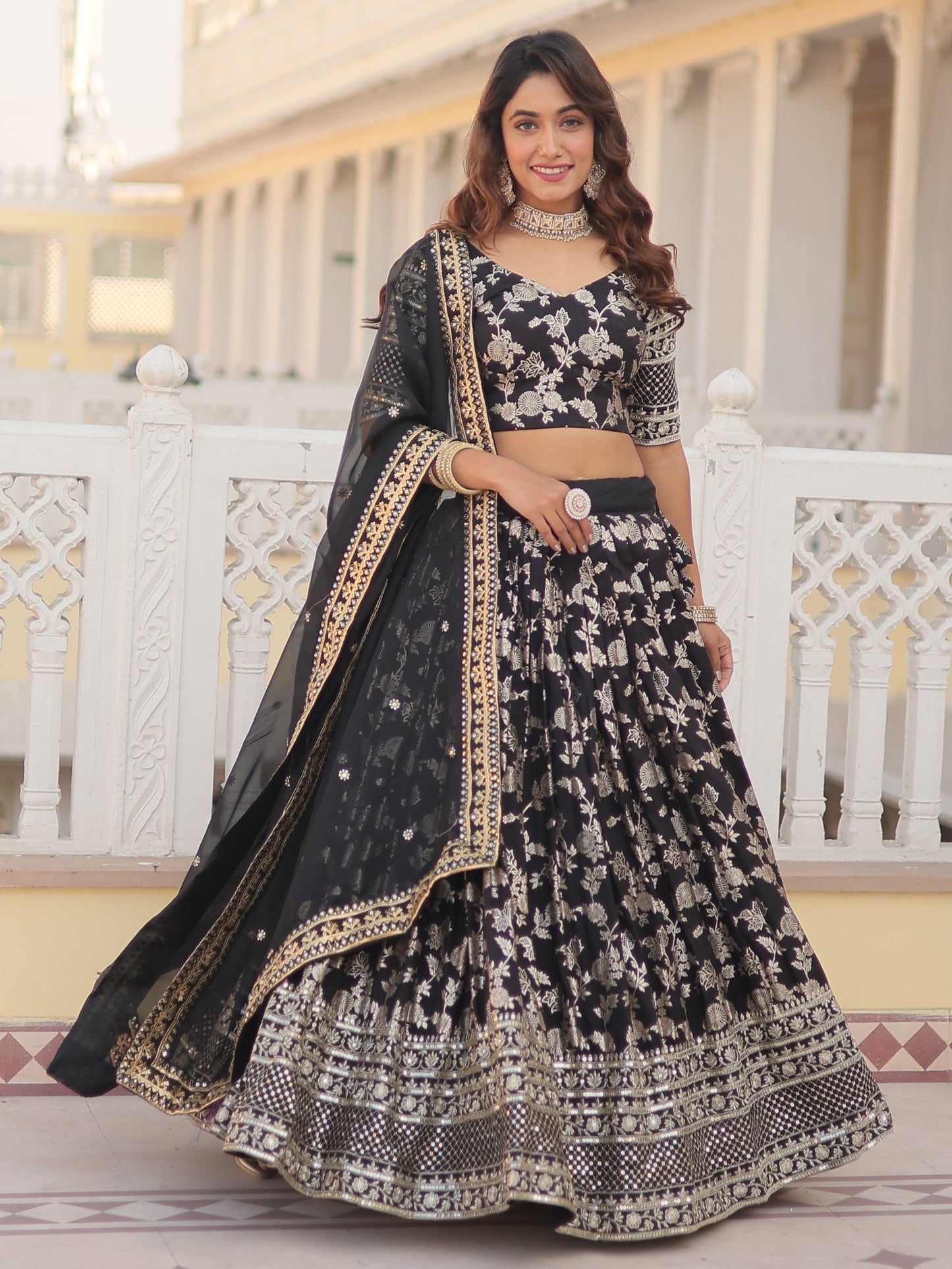 Fantastic Black Zari Work Jacquard Reception Lehenga Choli
